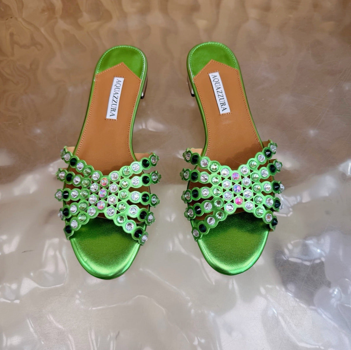 Aquazzura 26s Slides Green Lambskin Crystal Embellished 741935