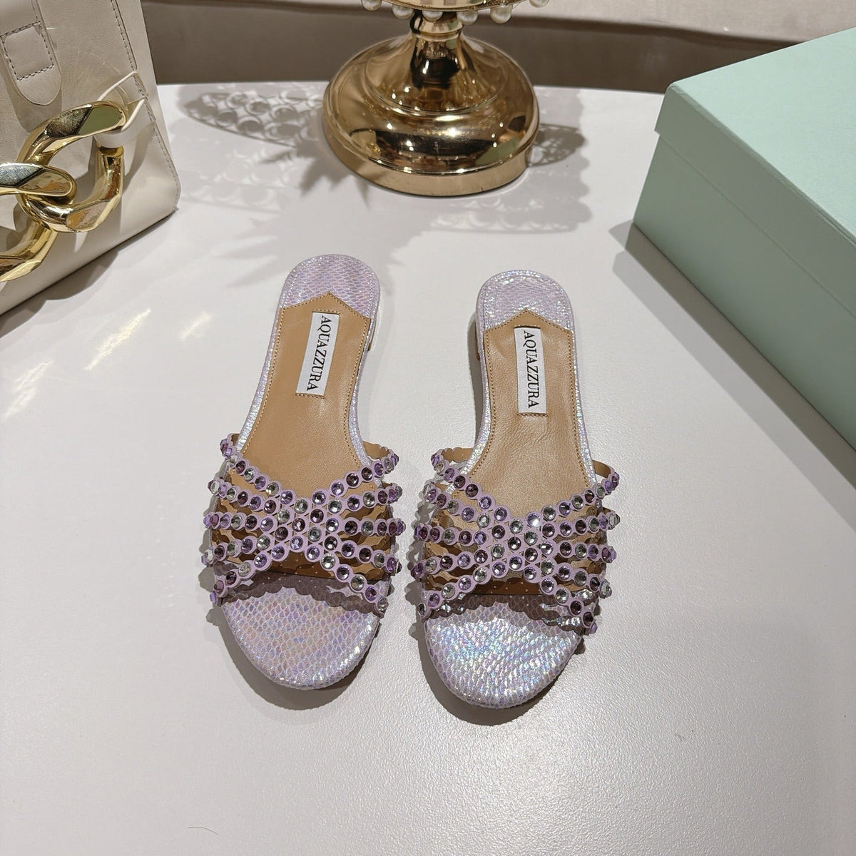 Aquazzura 26s Slides Light Purple Snakeskin Crystal Embellished 749301