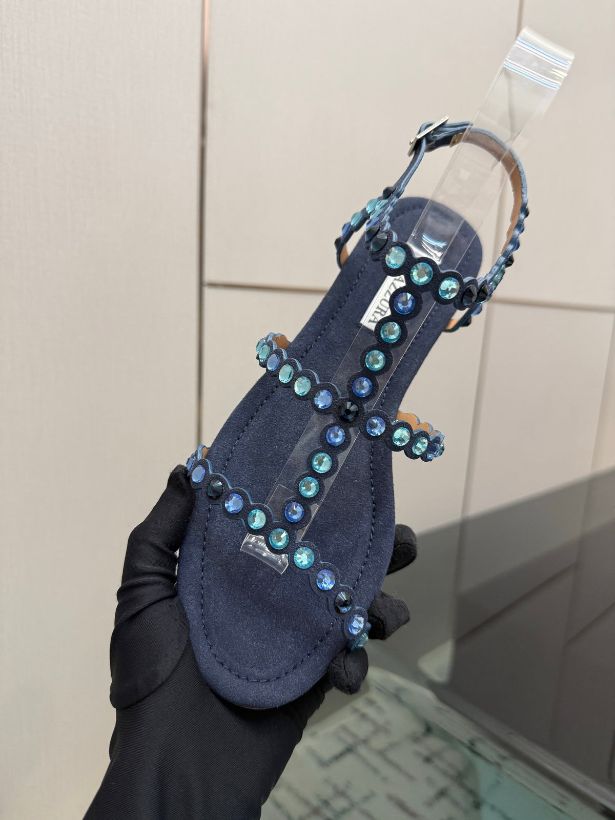 Aquazzura 26s Flat Sandals Navy Blue Suede Crystal-Embellished 610482