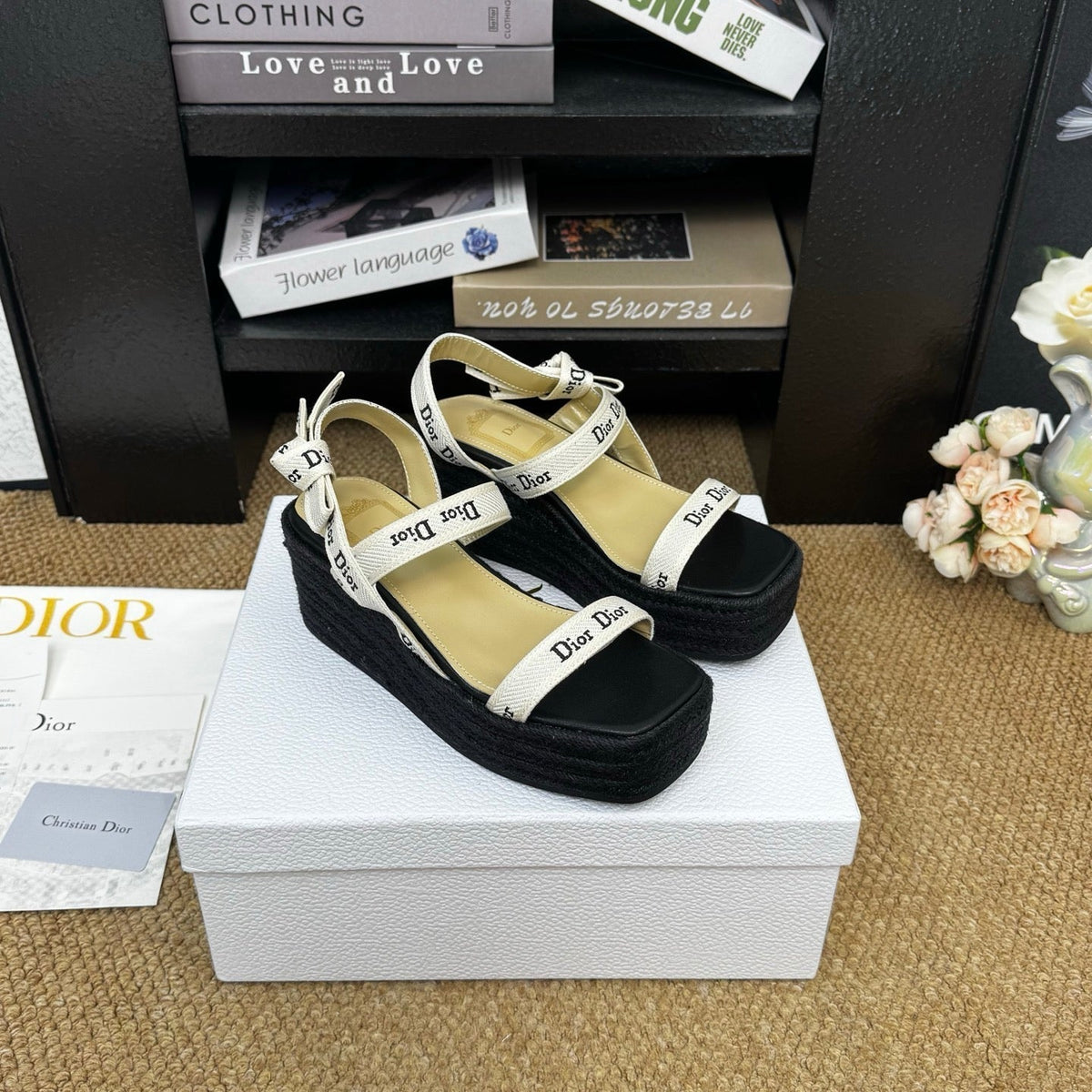 Dior 26s Espadrille Wedge Sandal Black Canvas Calfskin