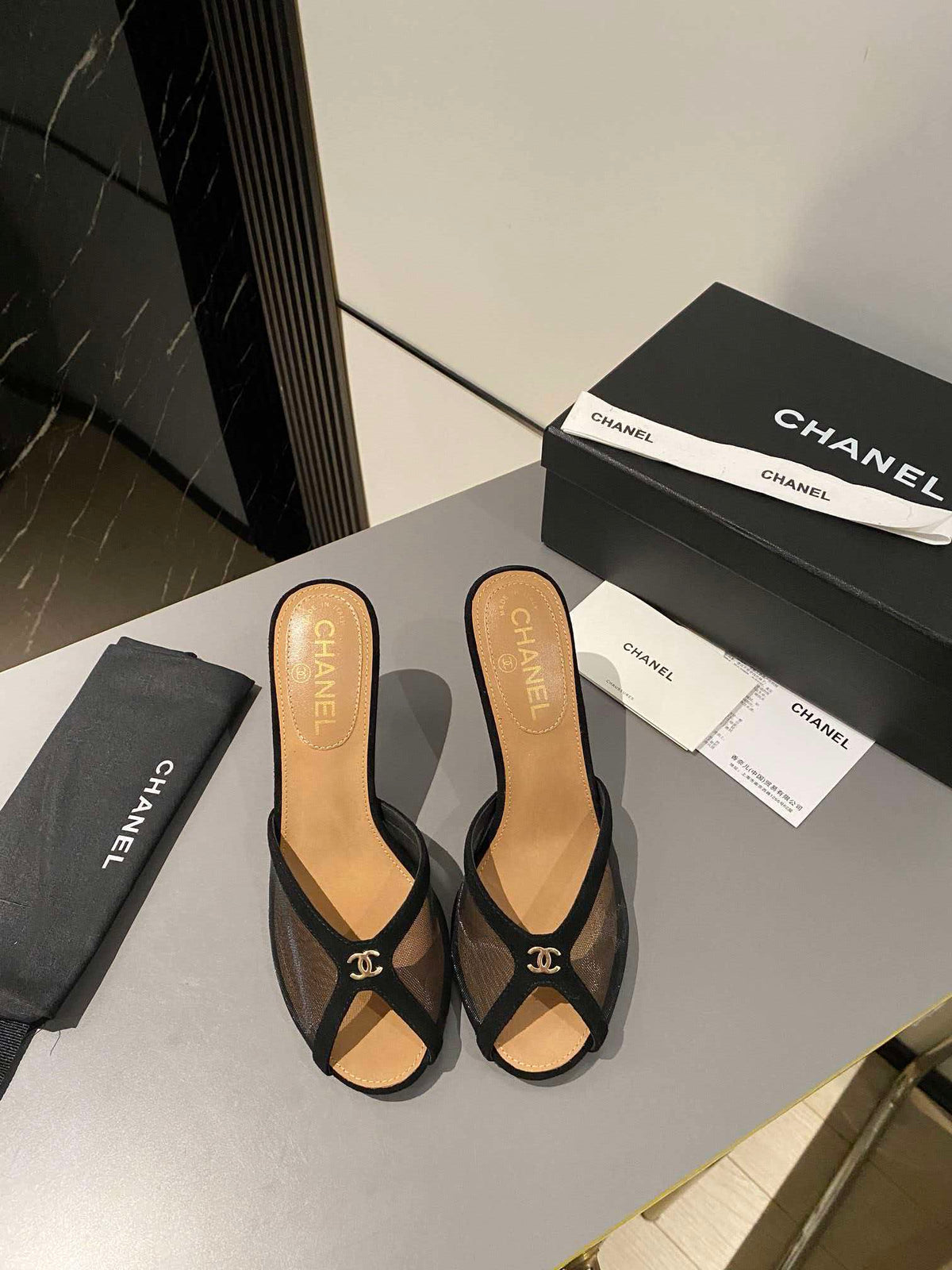 CC Peep-Toe Mules Logo Black Mesh Lambskin