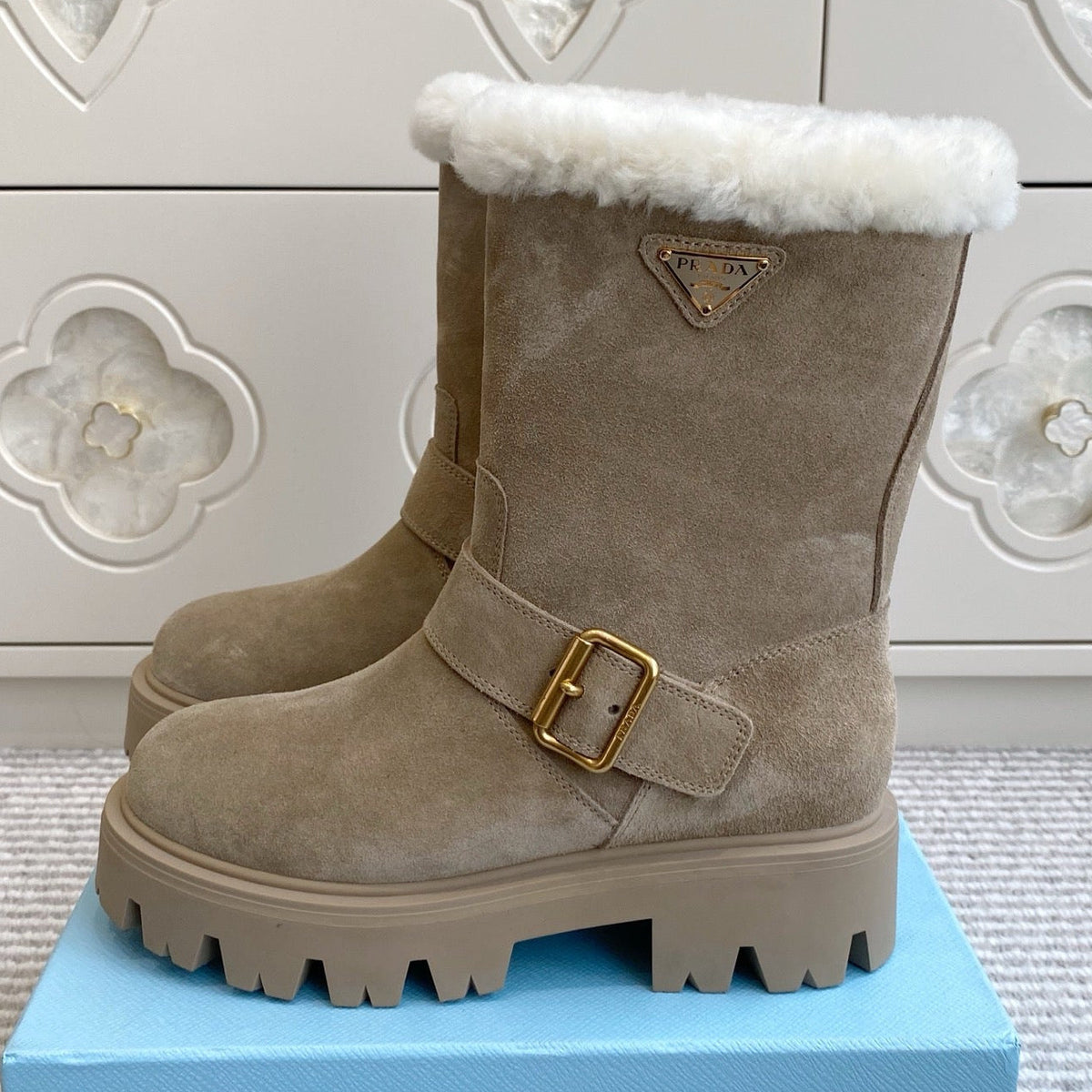 Prada 2026 Biker Platform Boots Suede Cowhide Wool 147125
