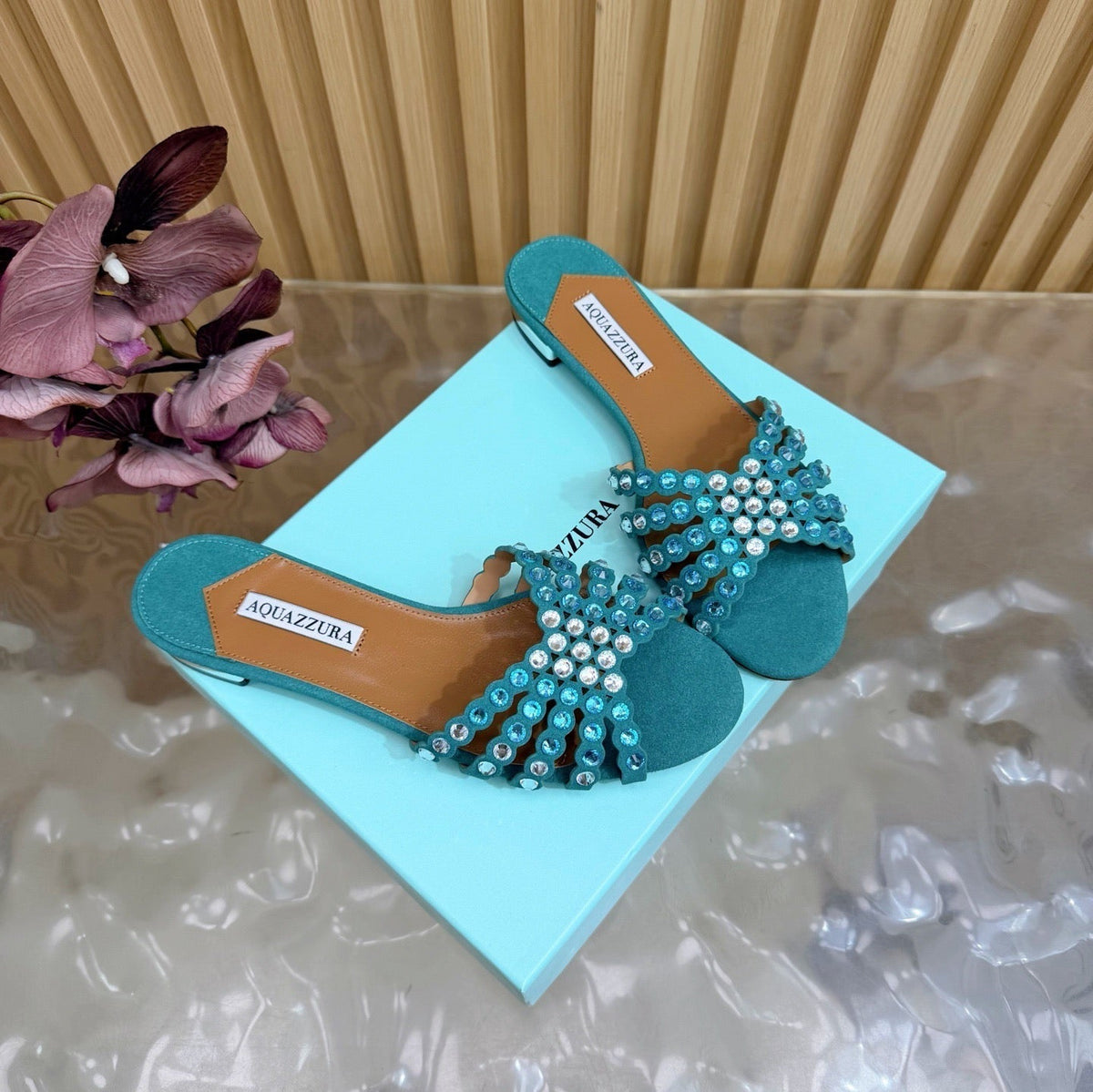 Aquazzura 26s Slides Emerald Green Suede Crystal-Embellished Straps 629154