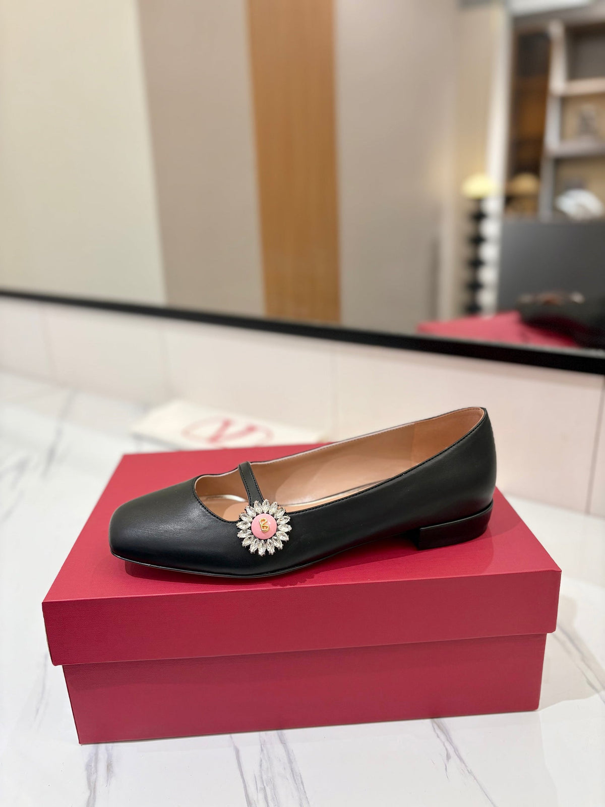 VLTN 26s Mary Jane Flats In Black Calfskin With Crystal Flower
