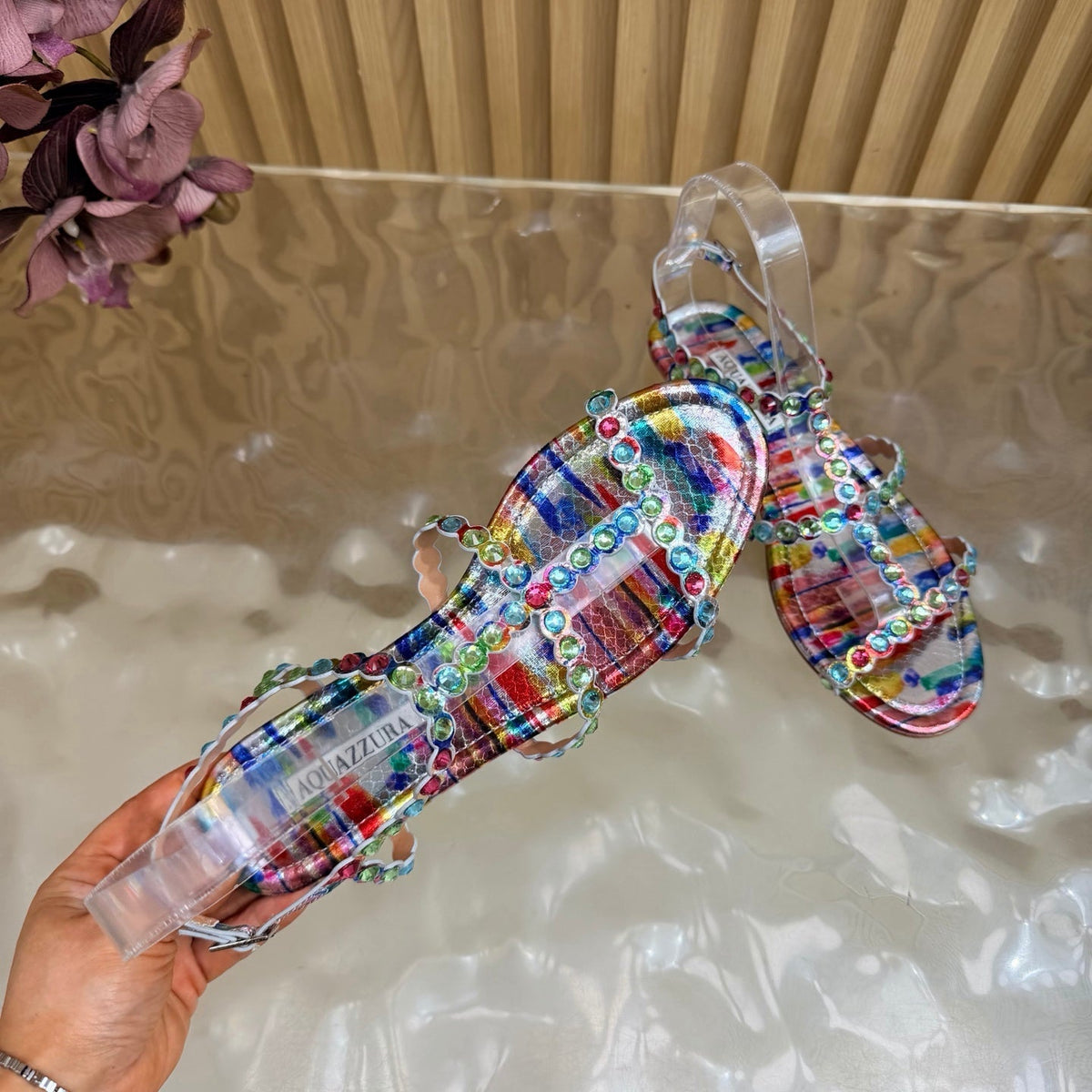 Aquazzura 26s Flat Sandals Multicolor Snakeskin Crystal Embellished 628314