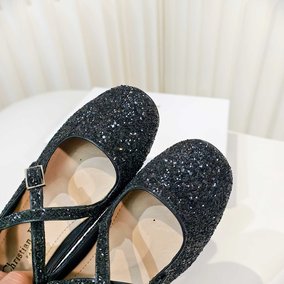 Dior 26s Mary Jane Flats Black Sequin Embroidered Fabric