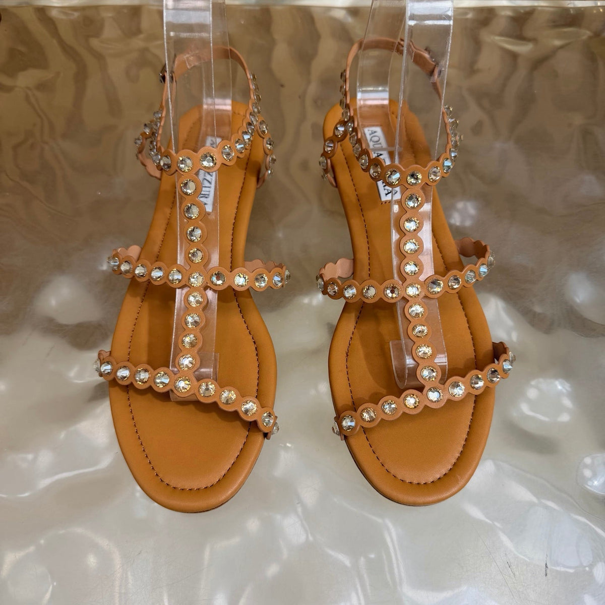 Aquazzura 26s Flat Sandals Light Brown Calfskin Crystal Embellished 481057