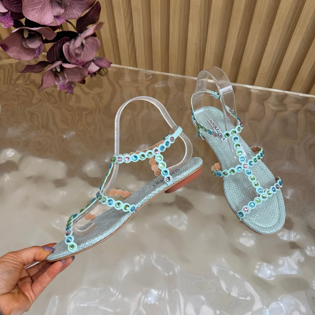 Aquazzura 26s Flat Sandals Light Blue Snakeskin Crystal Embellished 837261