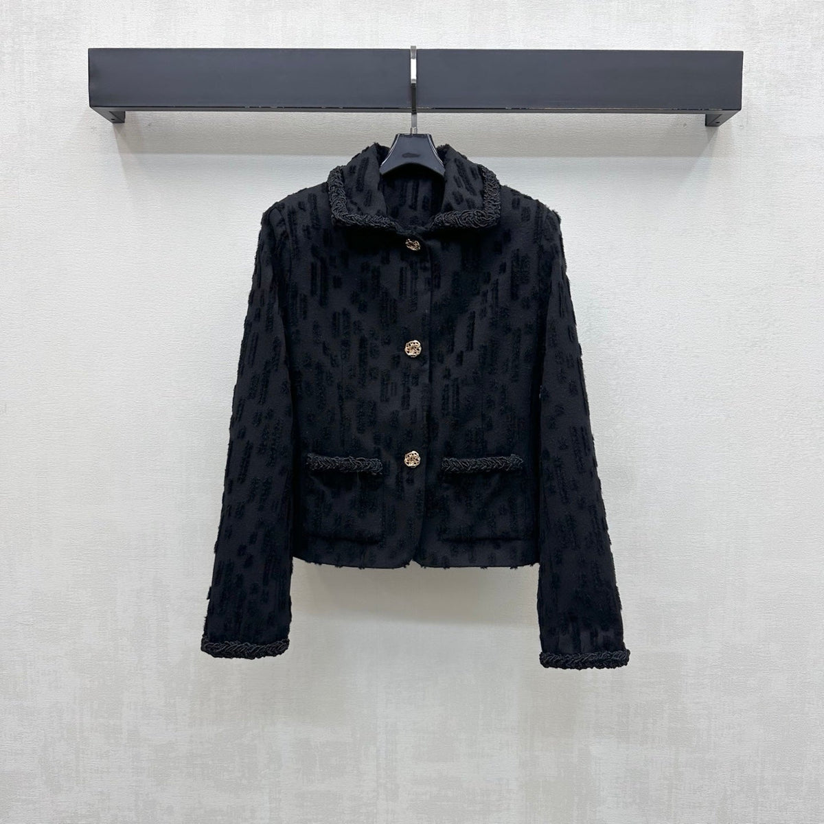 Chanel 26B Textured Wool Jacket With Collar Black 444356