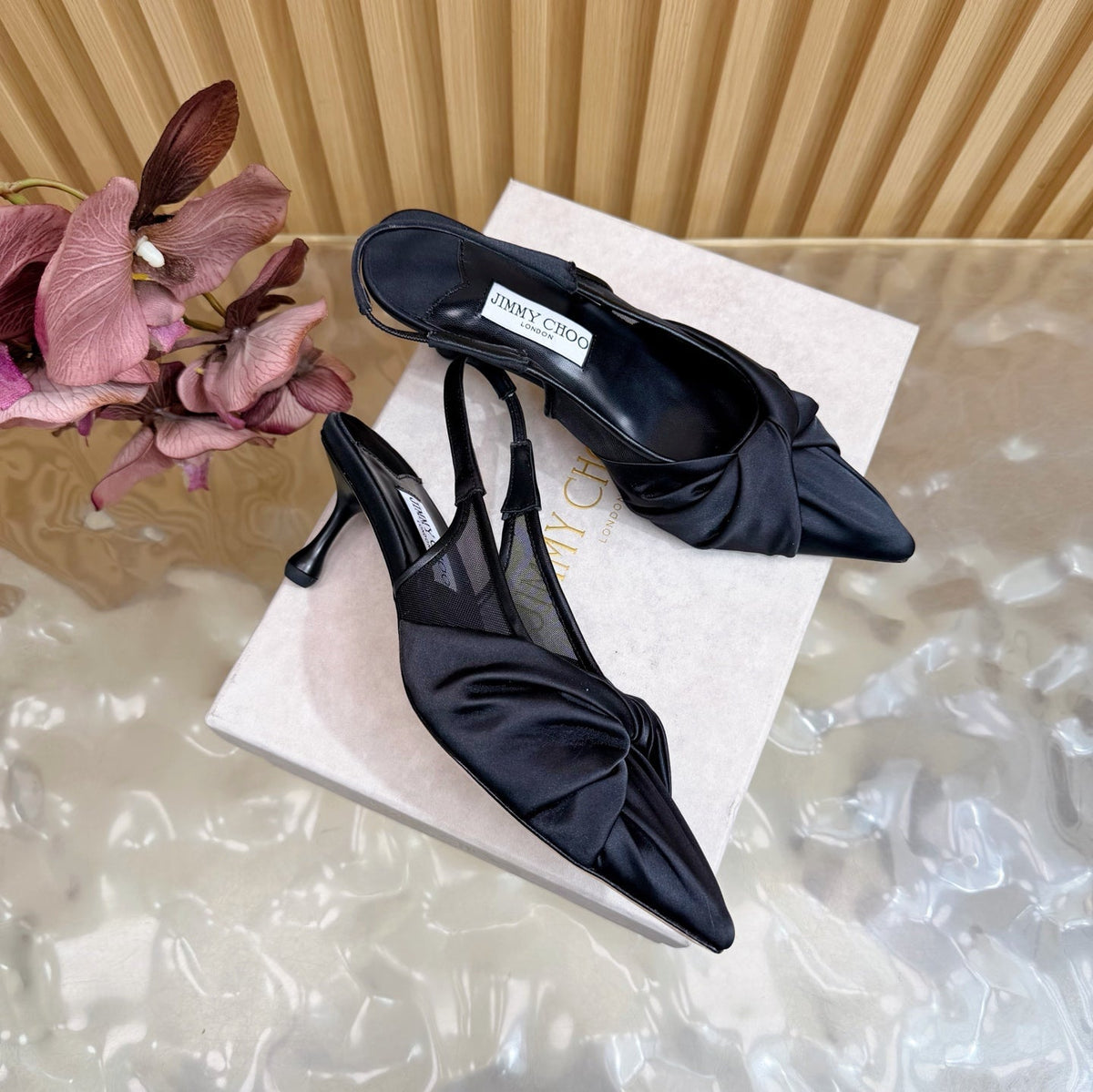 Jimmy Choo 26S Slingback Heels 6.0cm Black Satin With Knot Detail 529148