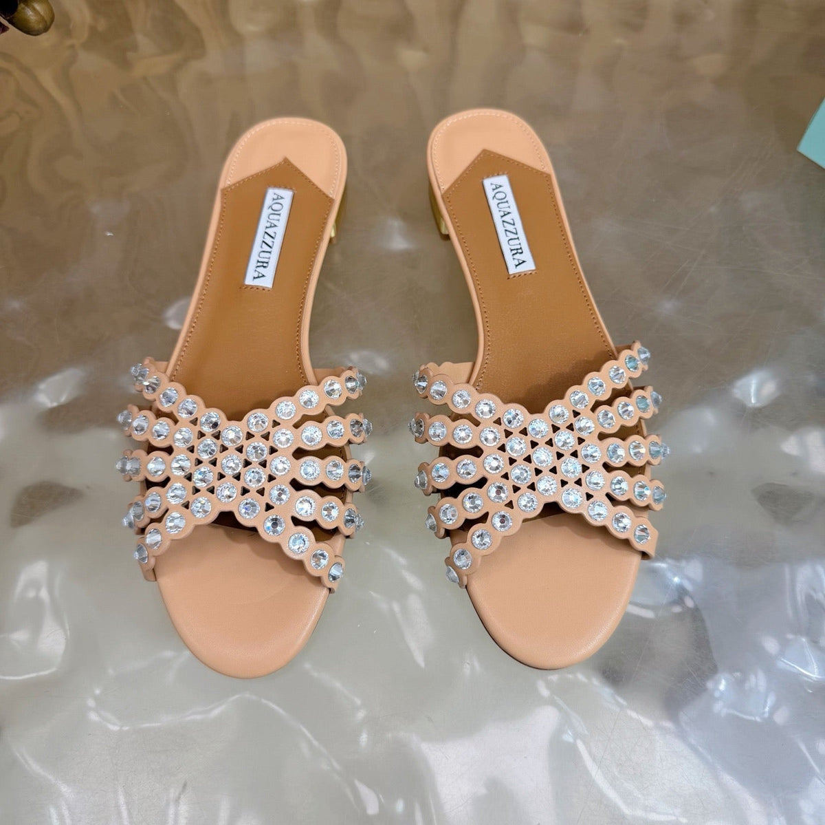 Aquazzura 26s Slides Nude Calfskin Crystal-Embellished Straps 582049