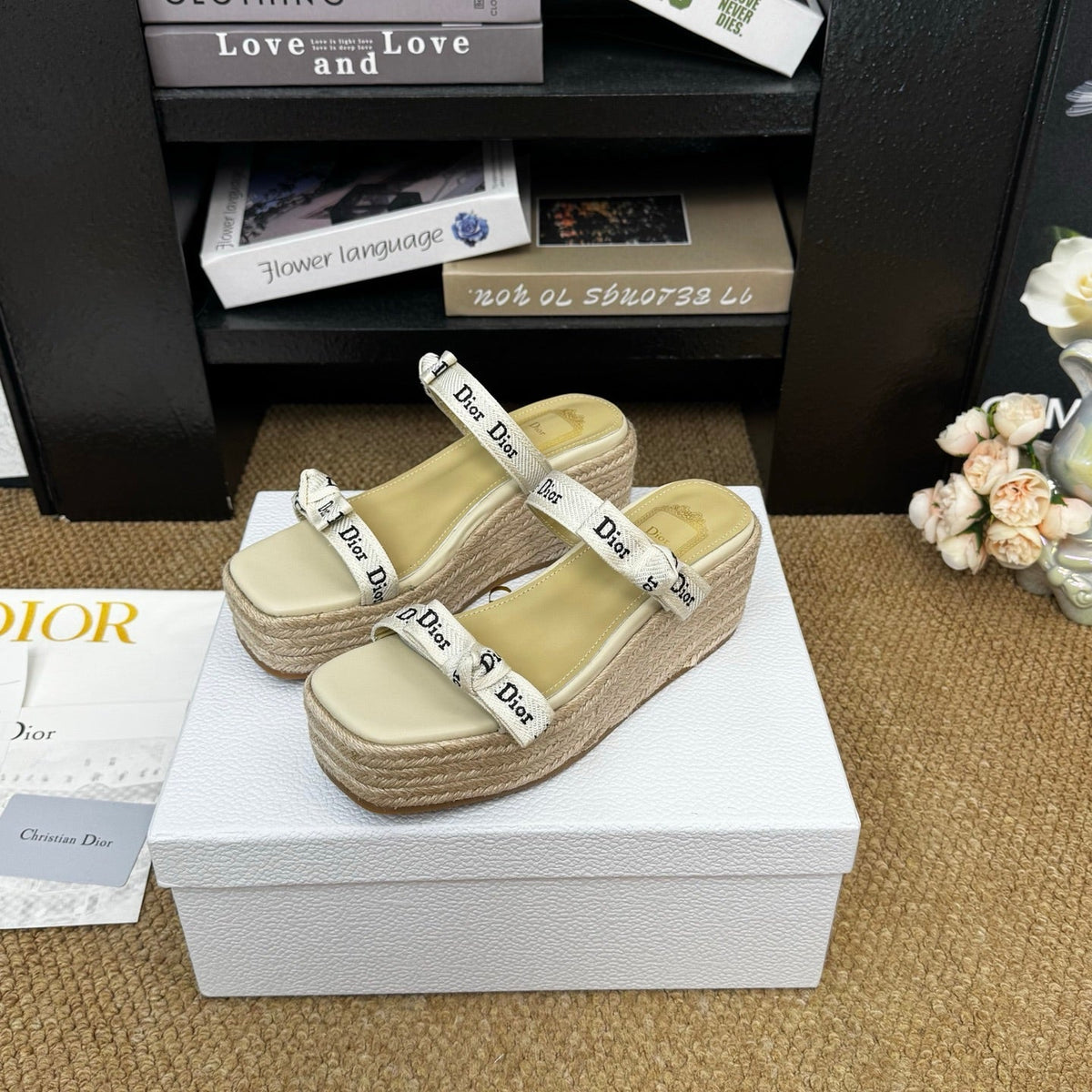 Dior 26s Wedge Sandal Beige Canvas Calfskin