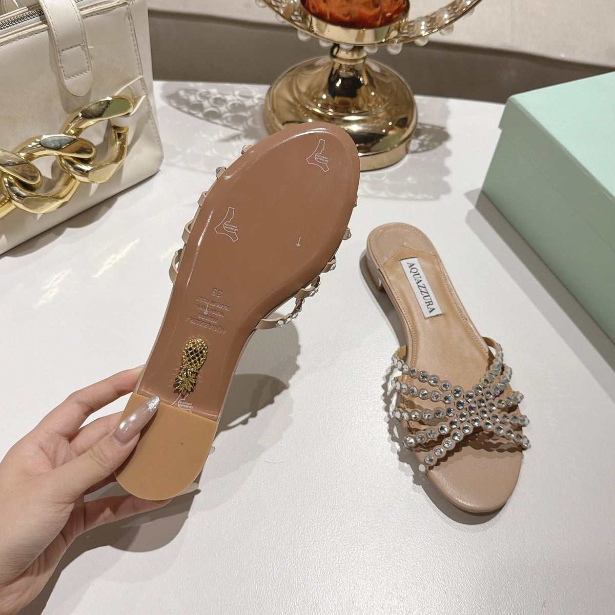 Aquazzura 26s Slides Beige Lambskin Crystal Embellished 619582