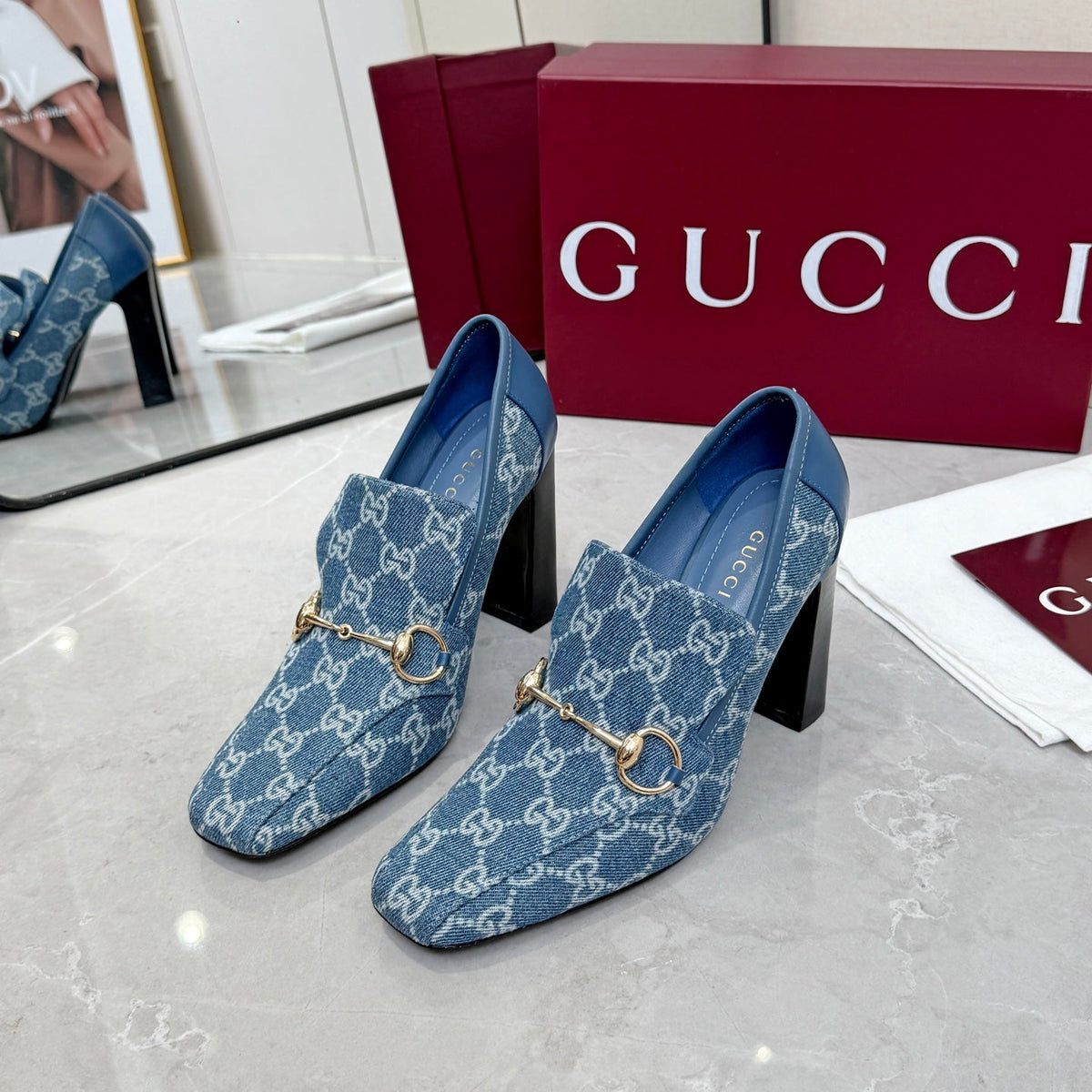 GG 26S Horsebit Loafers 10cm Block Heel Denim Fabric 157228