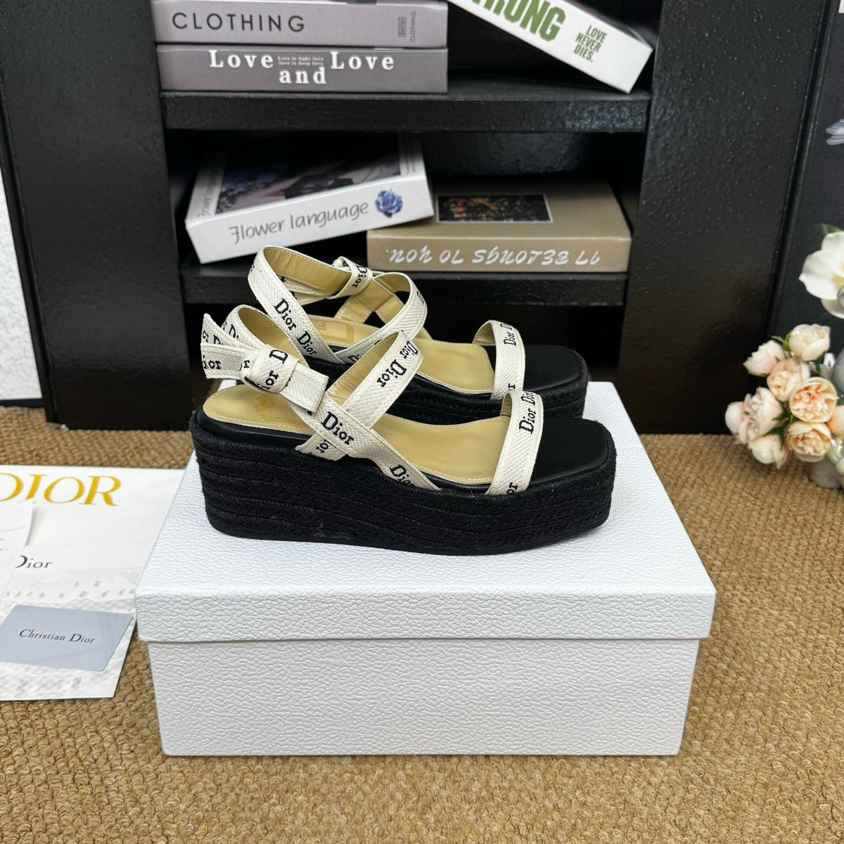 Dior 26s Espadrille Wedge Sandal Black Canvas Calfskin