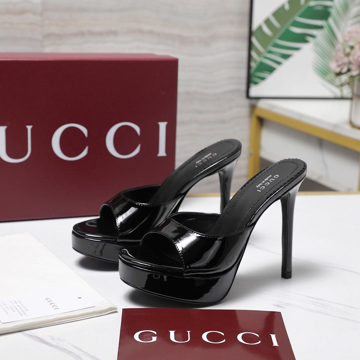Gucci 26s Heeled Slide Sandals 12cm Black Patent Calfskin