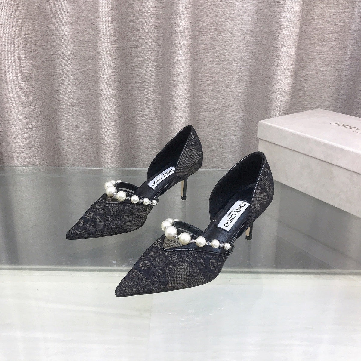 Jimmy Choo 26S High Heels 6.5cm Black Lace Pearl-Embellished 529418