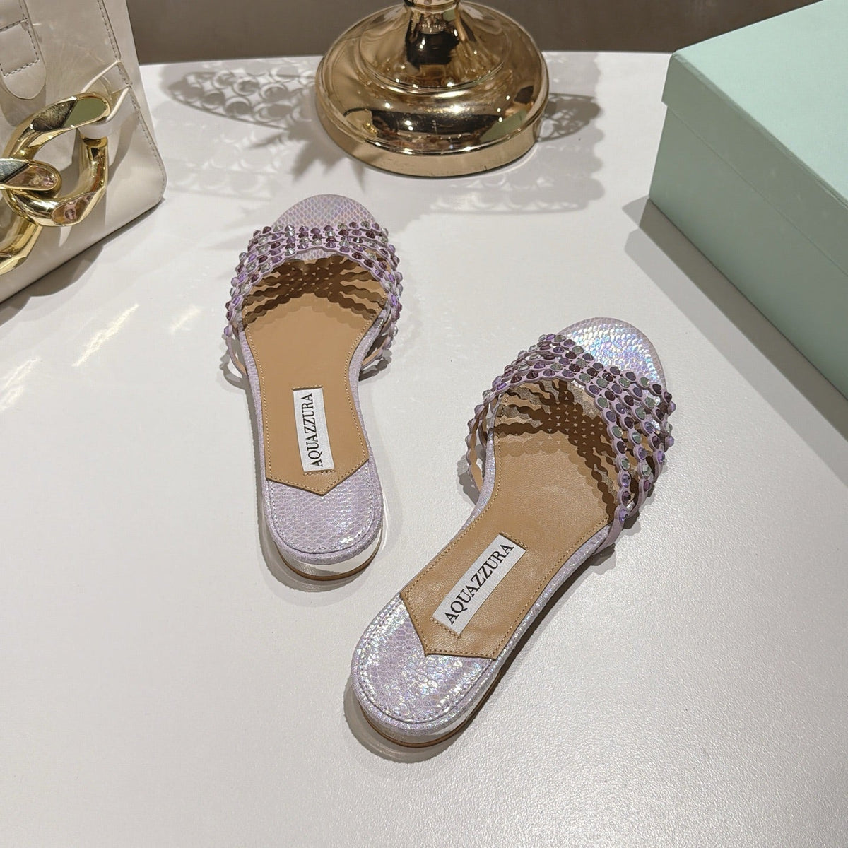 Aquazzura 26s Slides Light Purple Snakeskin Crystal Embellished 749301