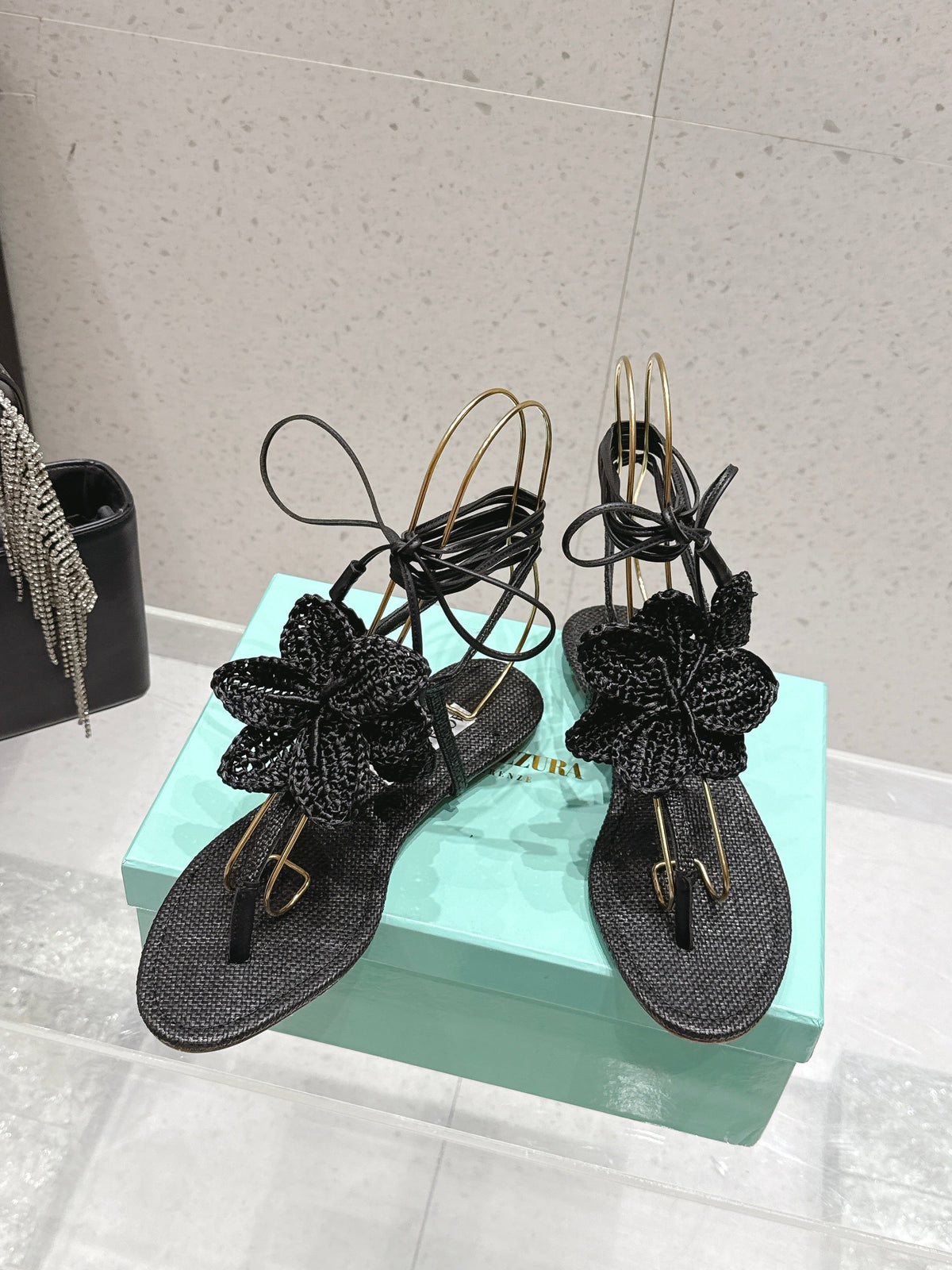 Aquazzura 26s Floral Thong Sandals Black Woven Raffia 842159