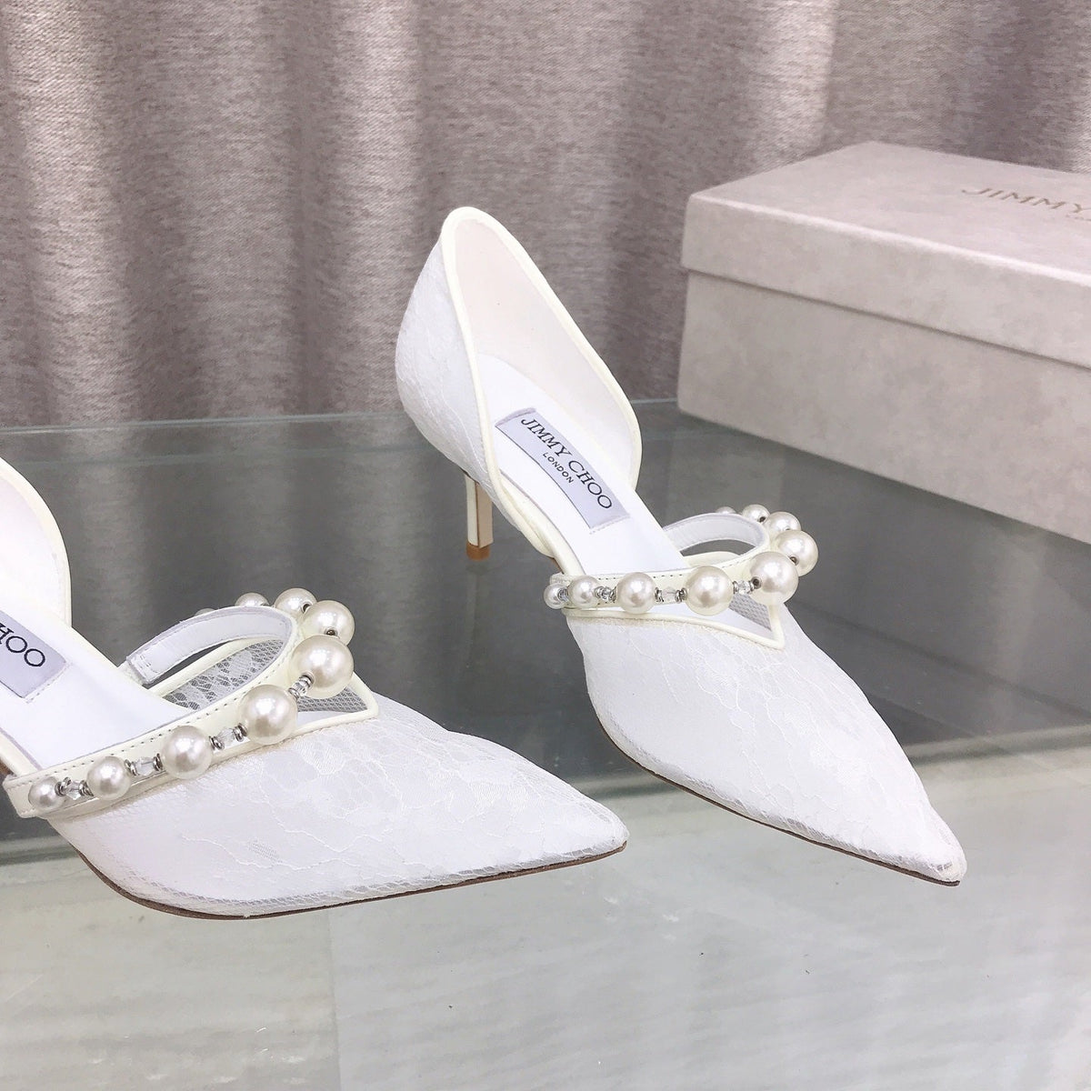 Jimmy Choo 26S High Heels 6.5cm White Lace Pearl-Embellished 714936