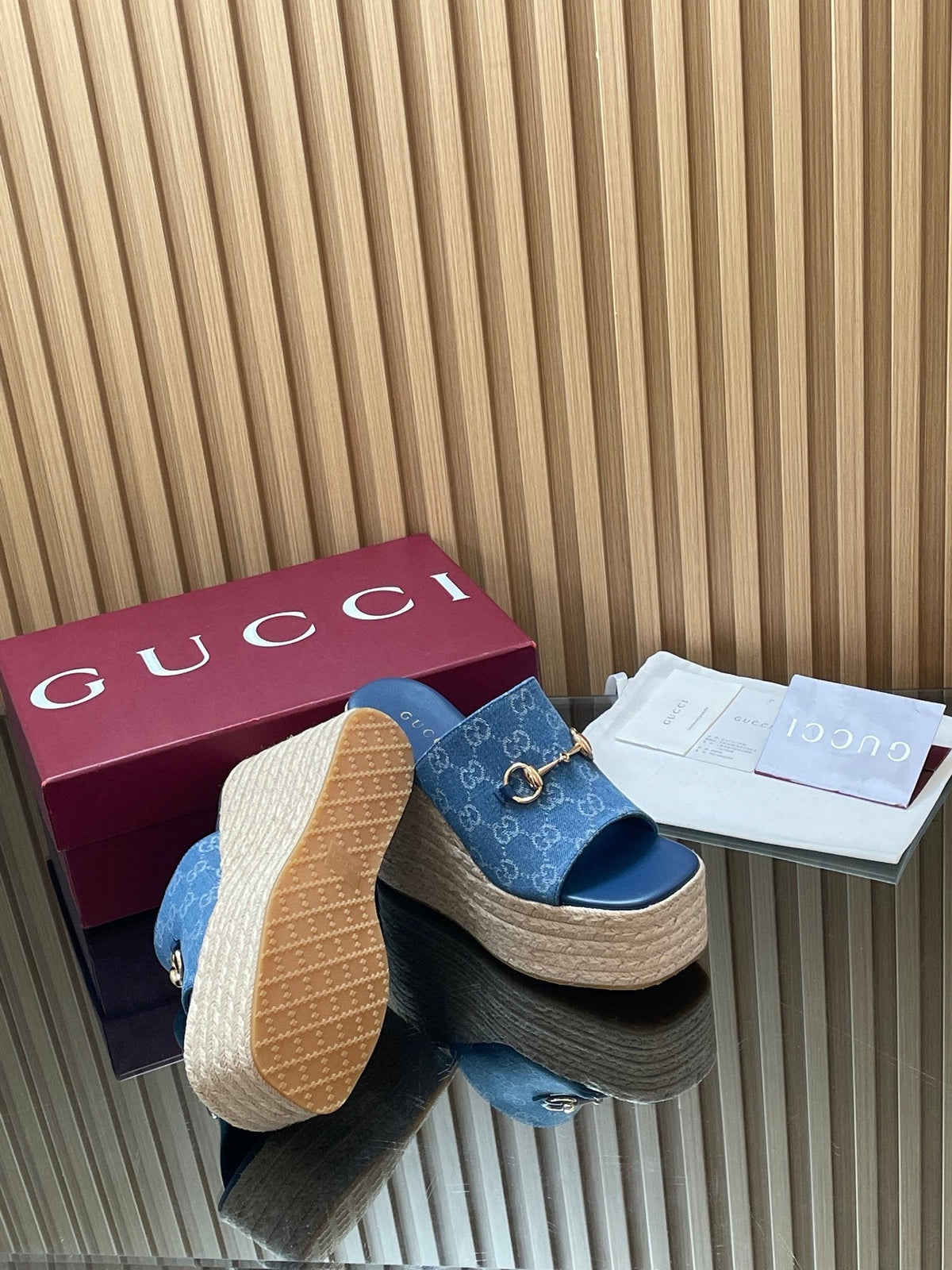 Gucci 26S Wedge Sandals 11Cm In Blue Canvas GG Monogram