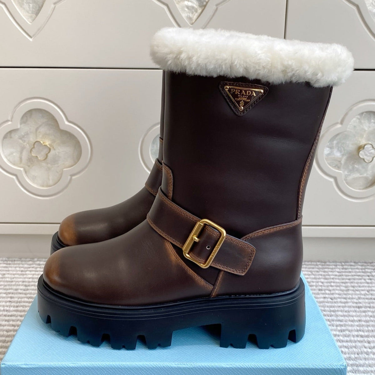 Prada 2026 Biker Platform Boots Suede Cowhide Wool 147125