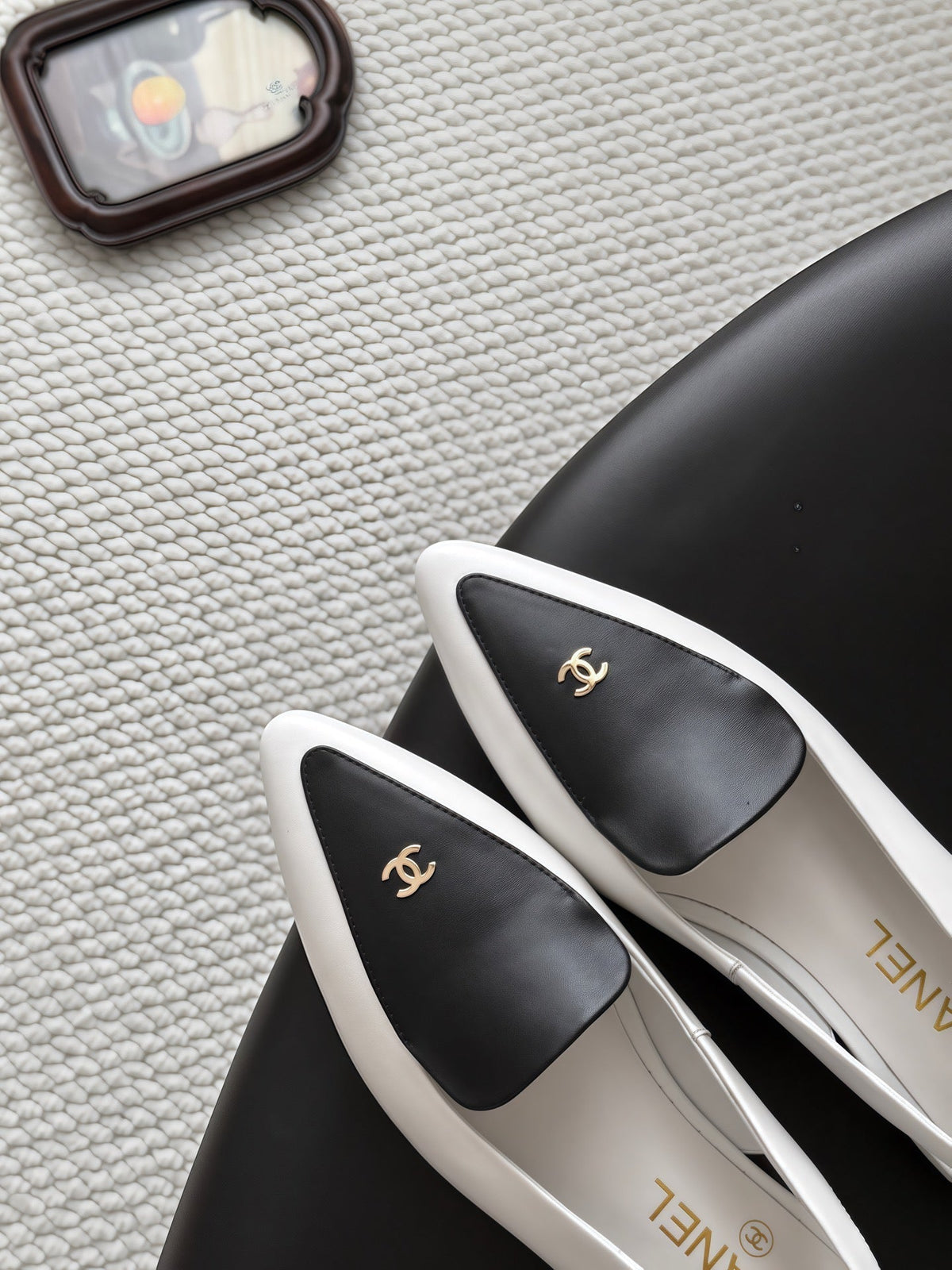 Chanel 26s Slingback Flat Black White Calfskin