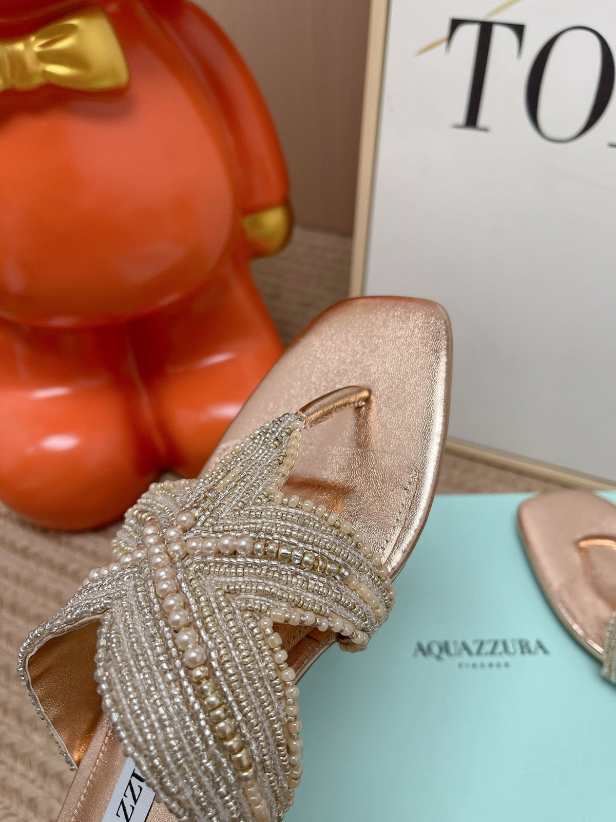 Aquazzura 26s Starfish Beaded Thong Sandals Rose Gold Lambskin 682415