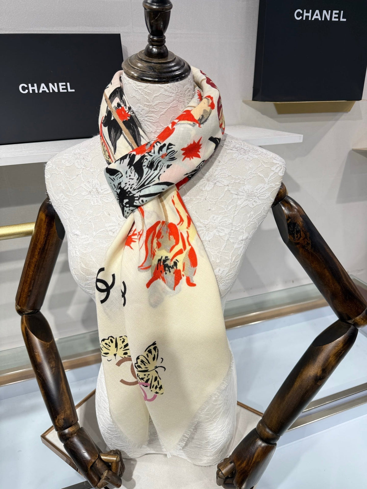 Chanel 2026 Square Scarf 140cm Red White Cashmere Silk 218853
