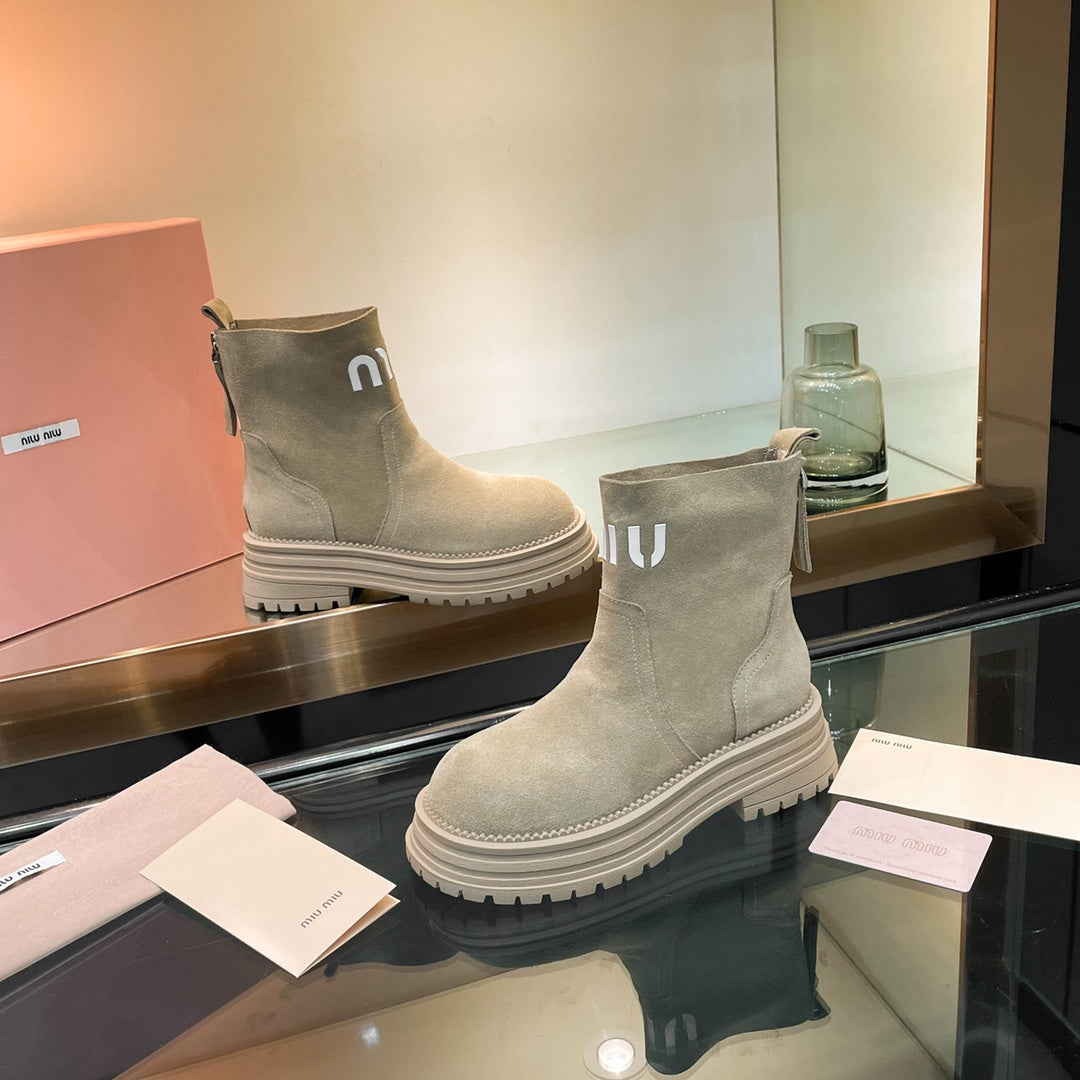 Miumiu 26s Logo Chunky Ankle Boots Beige Suede