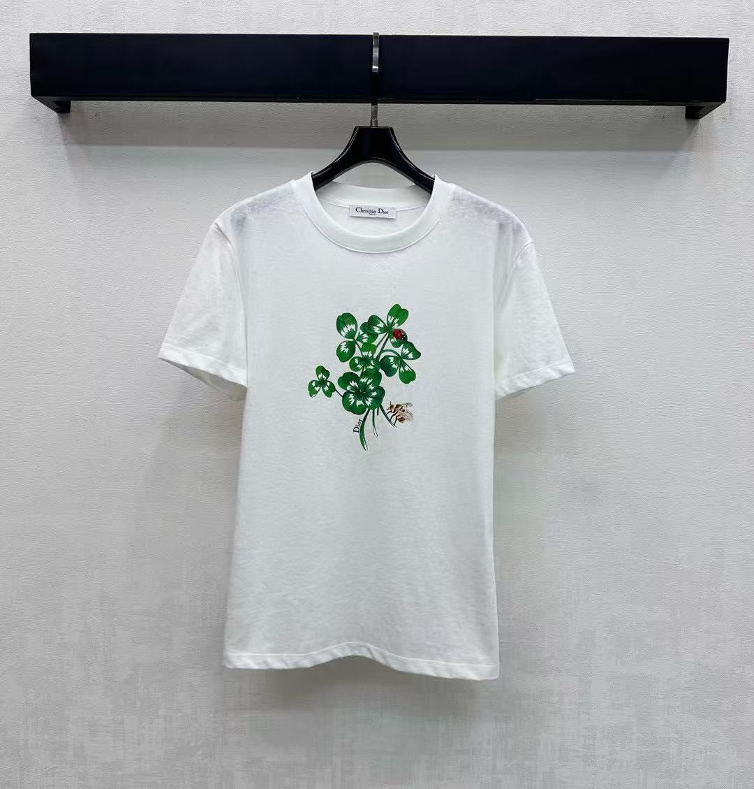 CD Fitted T-Shirt White Cotton Jersey with Green Dior Clover Motif