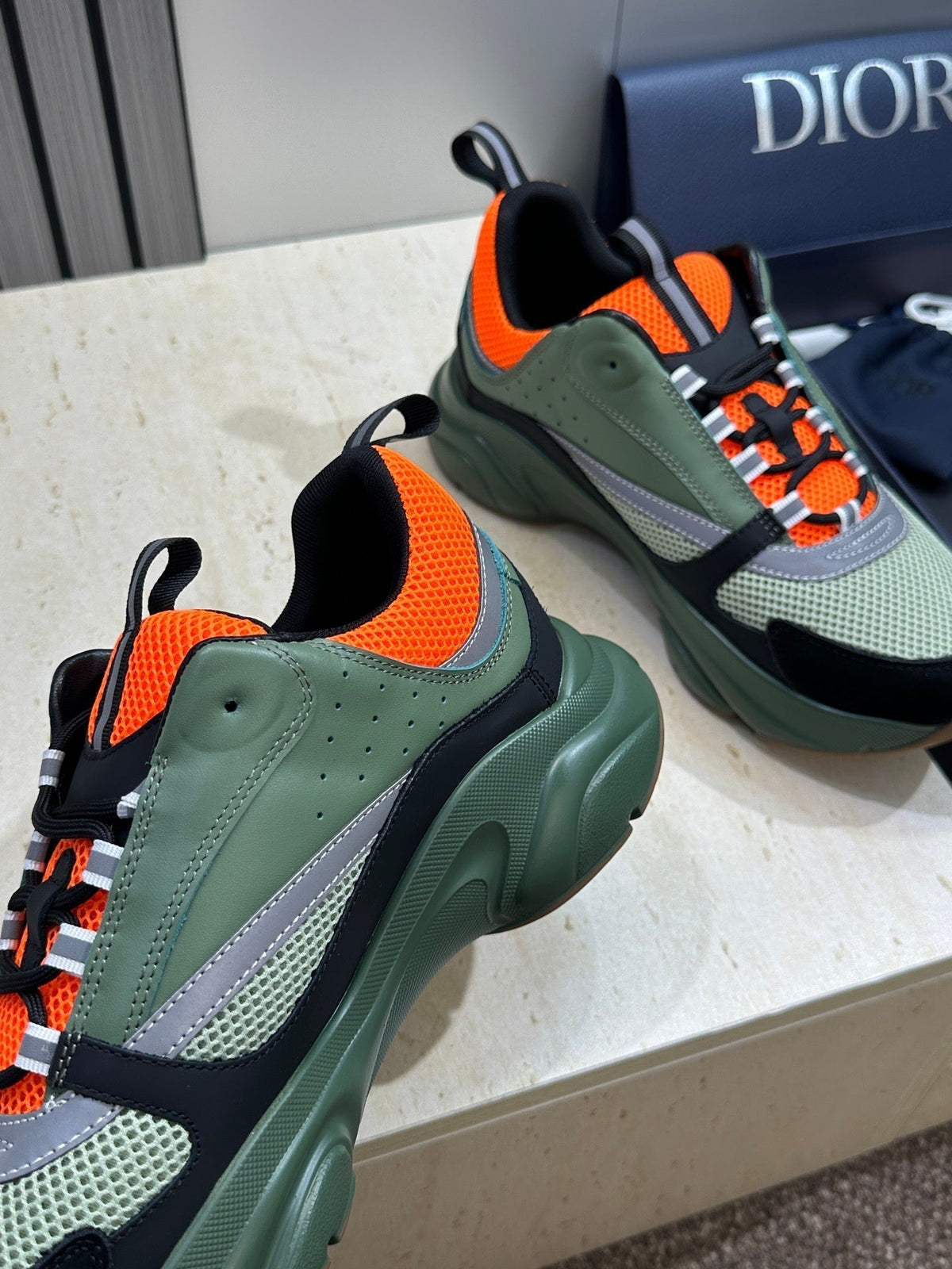 CD 26s Men B22 Sneakers Khaki Green Light Green Mesh Orange Trim 825104