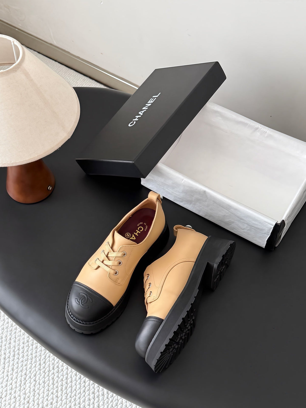 Chanel 26s Lace Up Platform Black Beige Calfskin