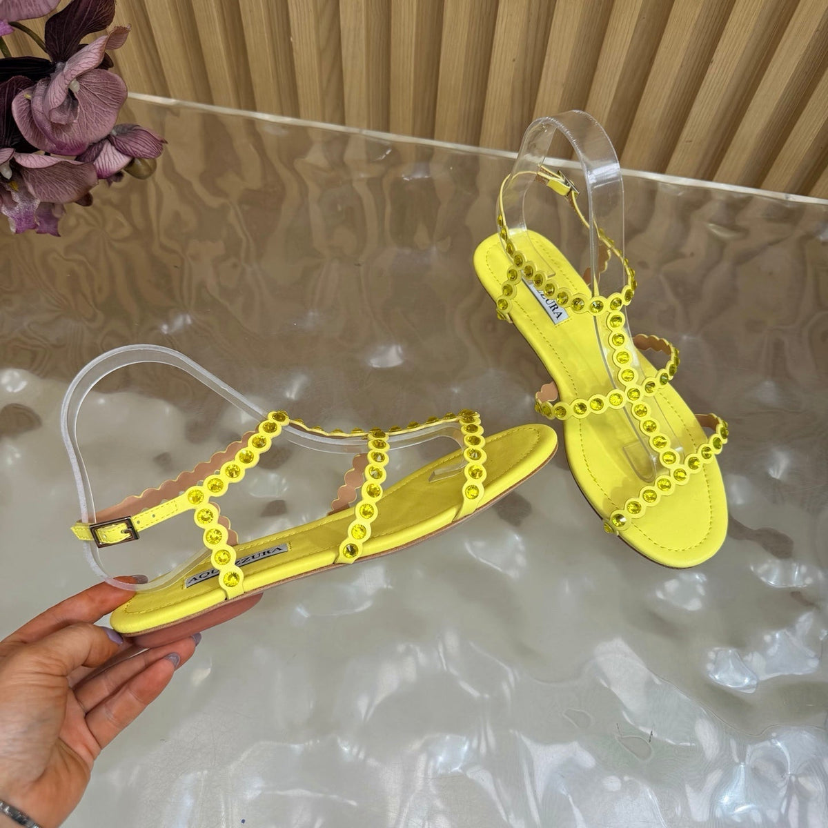 Aquazzura 26s Flat Sandals Yellow Calfskin Crystal Embellished 739158