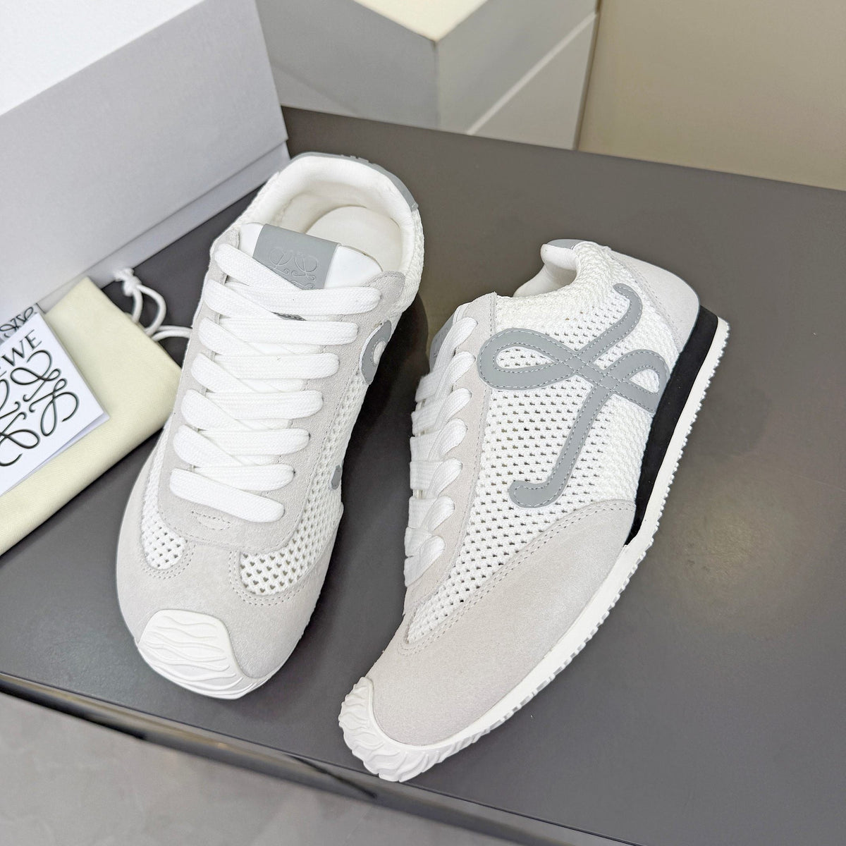 Loewe 26S Runner 2.0 Sneakers in Light Grey Suede and White Mesh Fabric