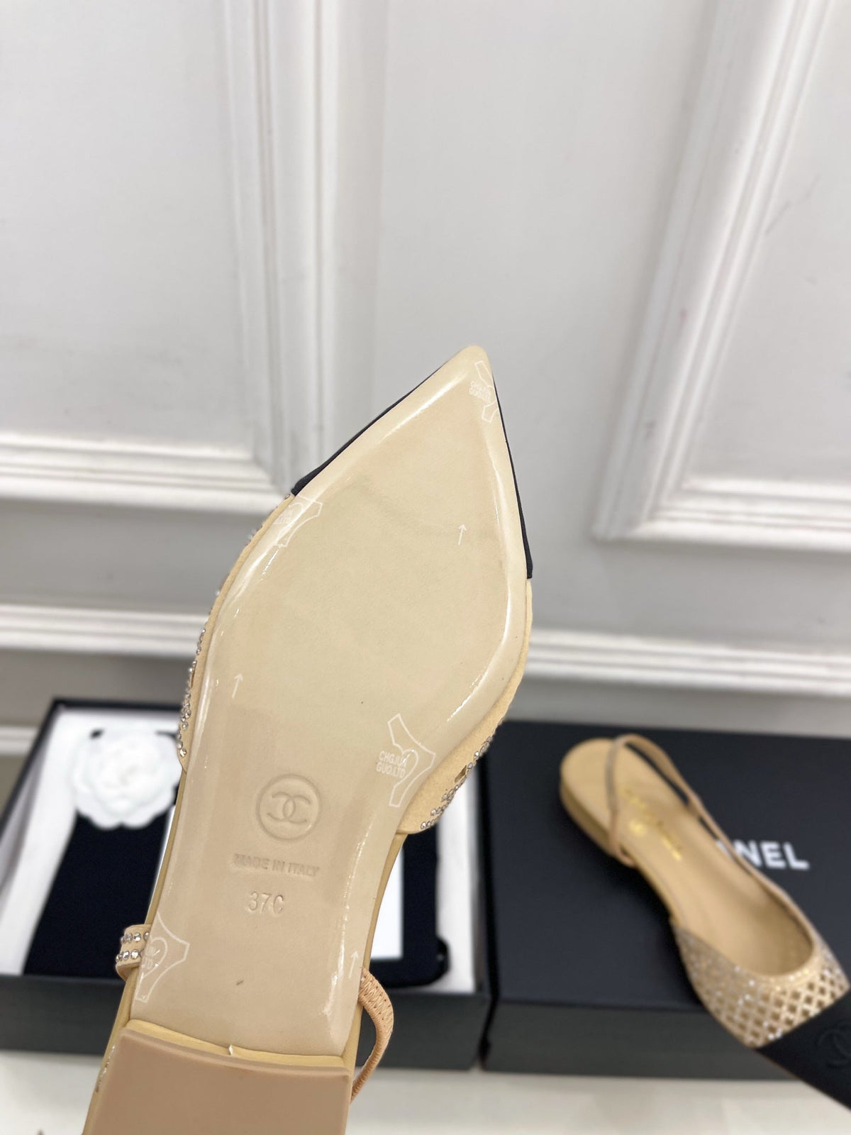 Chanel 26s Flat Pointed Toe Slingback Beige Mesh Black Toe Cap