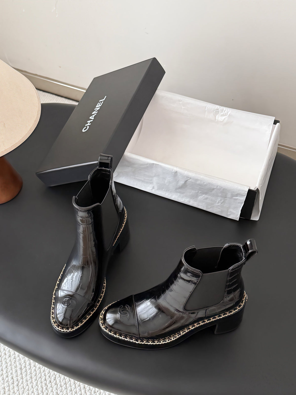 Chanel 26s Chelsea Ankle Boots 7 Cm Black Embossed Patent