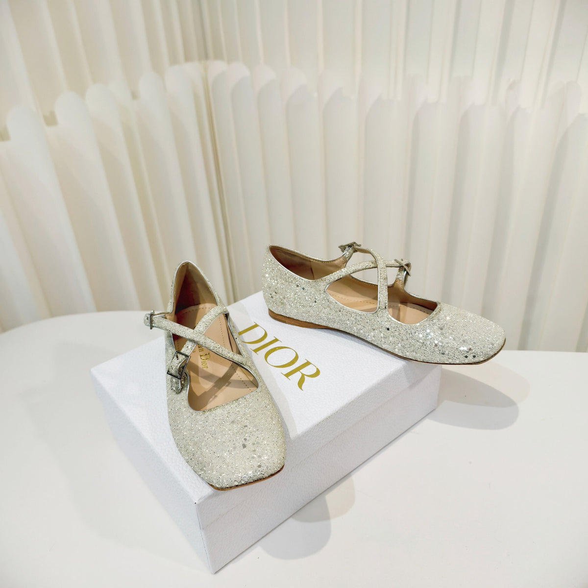 Dior 26s Mary Jane Flats Silver Sequin Embroidered Fabric