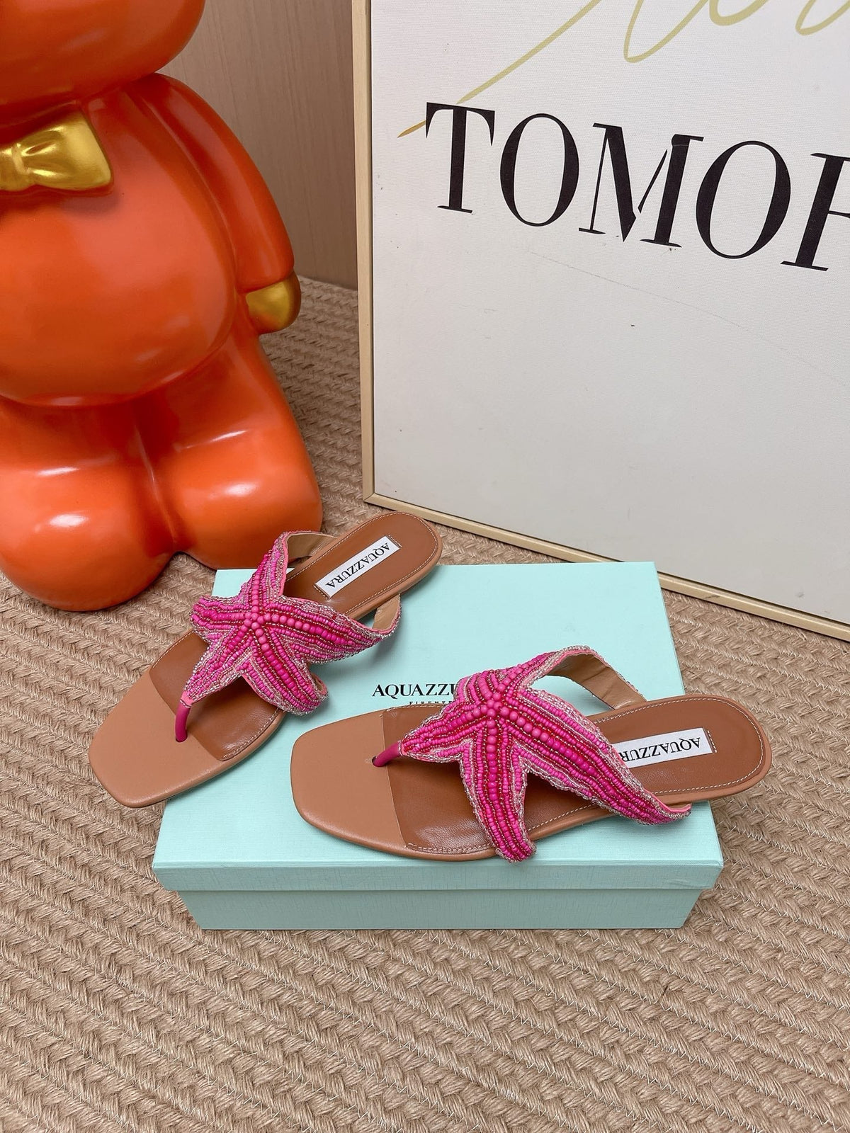 Aquazzura 26s Starfish Beaded Thong Sandals Pink And Brown Lambskin 839205