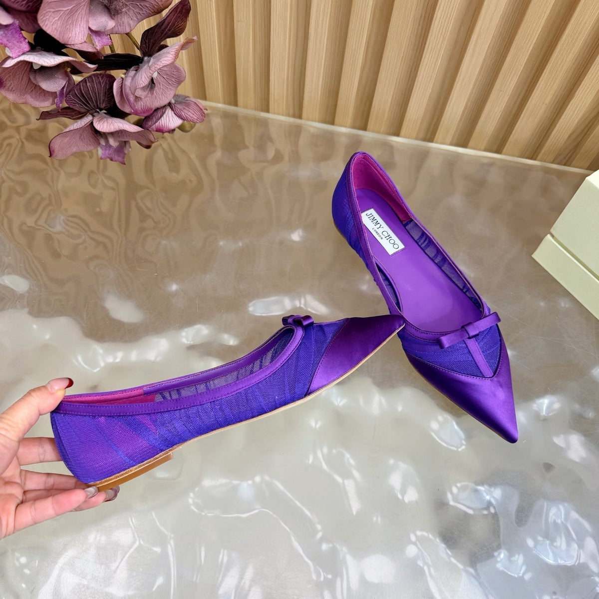 Jimmy Choo 26S Flats Dark Purple Lace And Satin 582194