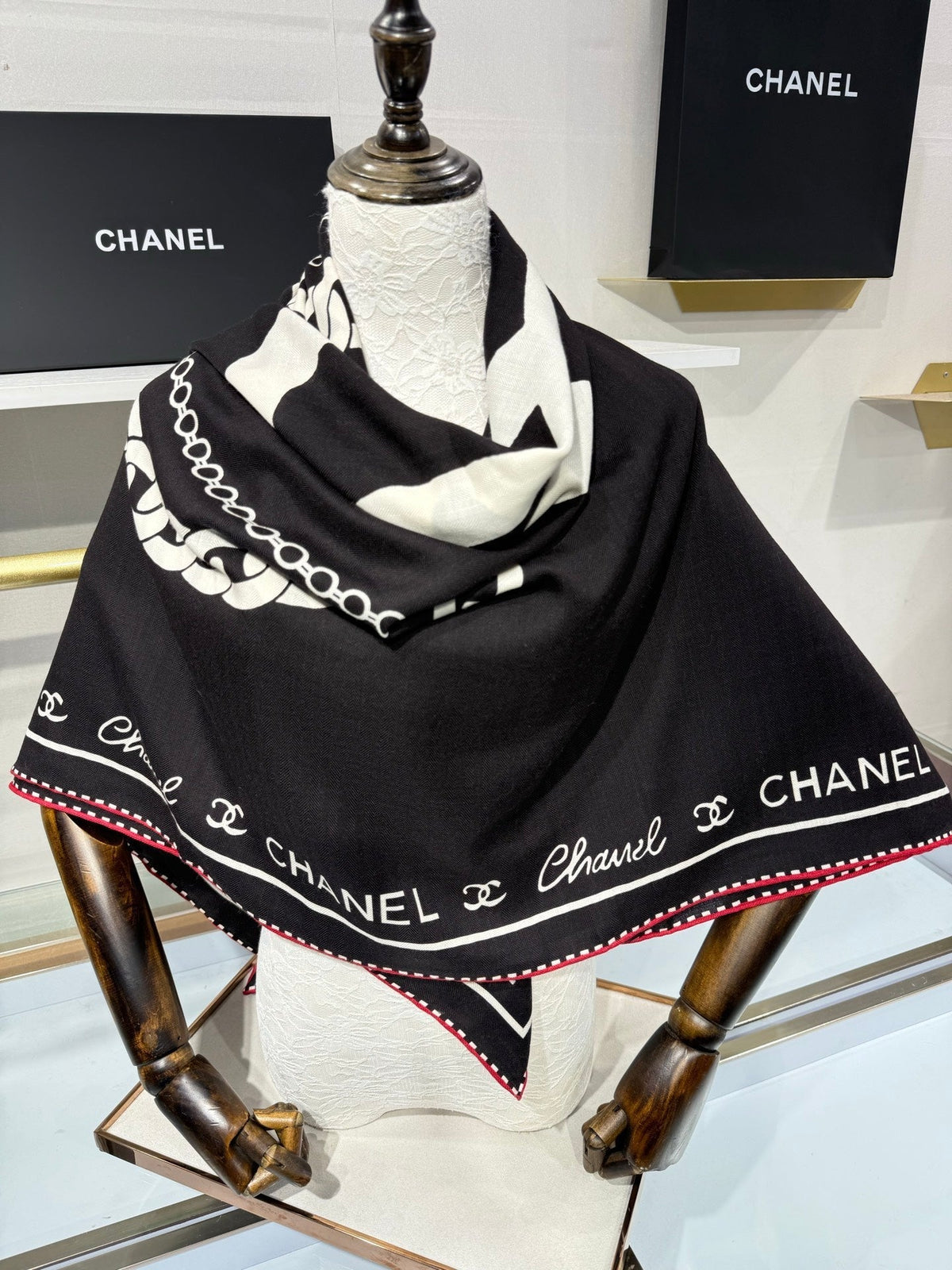 Chanel 2026 Chain Scarf Black Silk Cashmere 219220