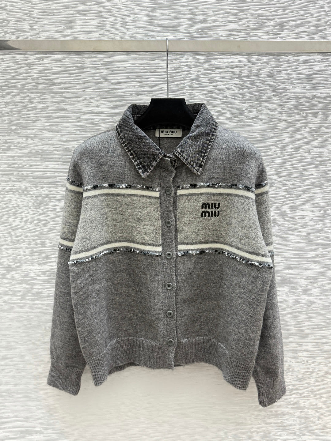 Miu 26FW Collared Cashmere Cardigan Denim Collar Striped Embellishments Ash Wool 313354