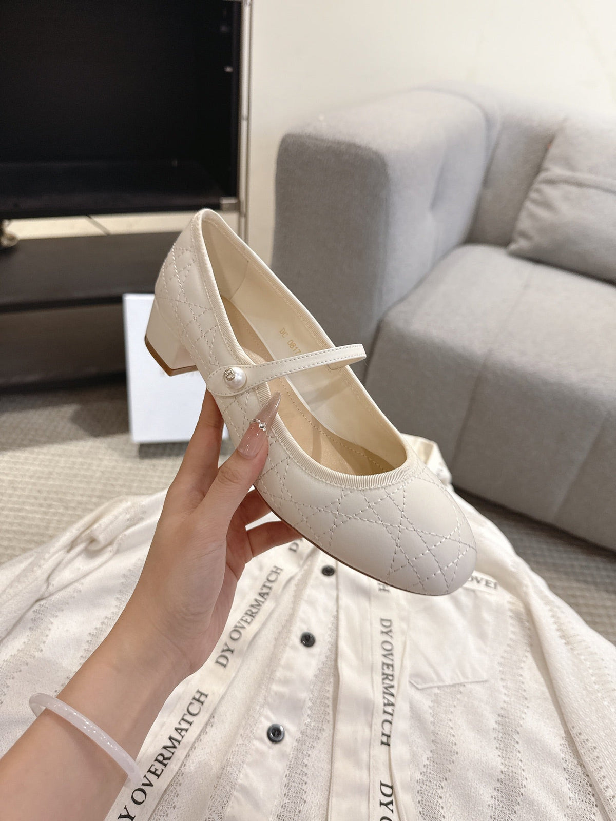 Dior 26s Mary Jane Pumps Cream White Lambskin Pearl-Adorned Strap