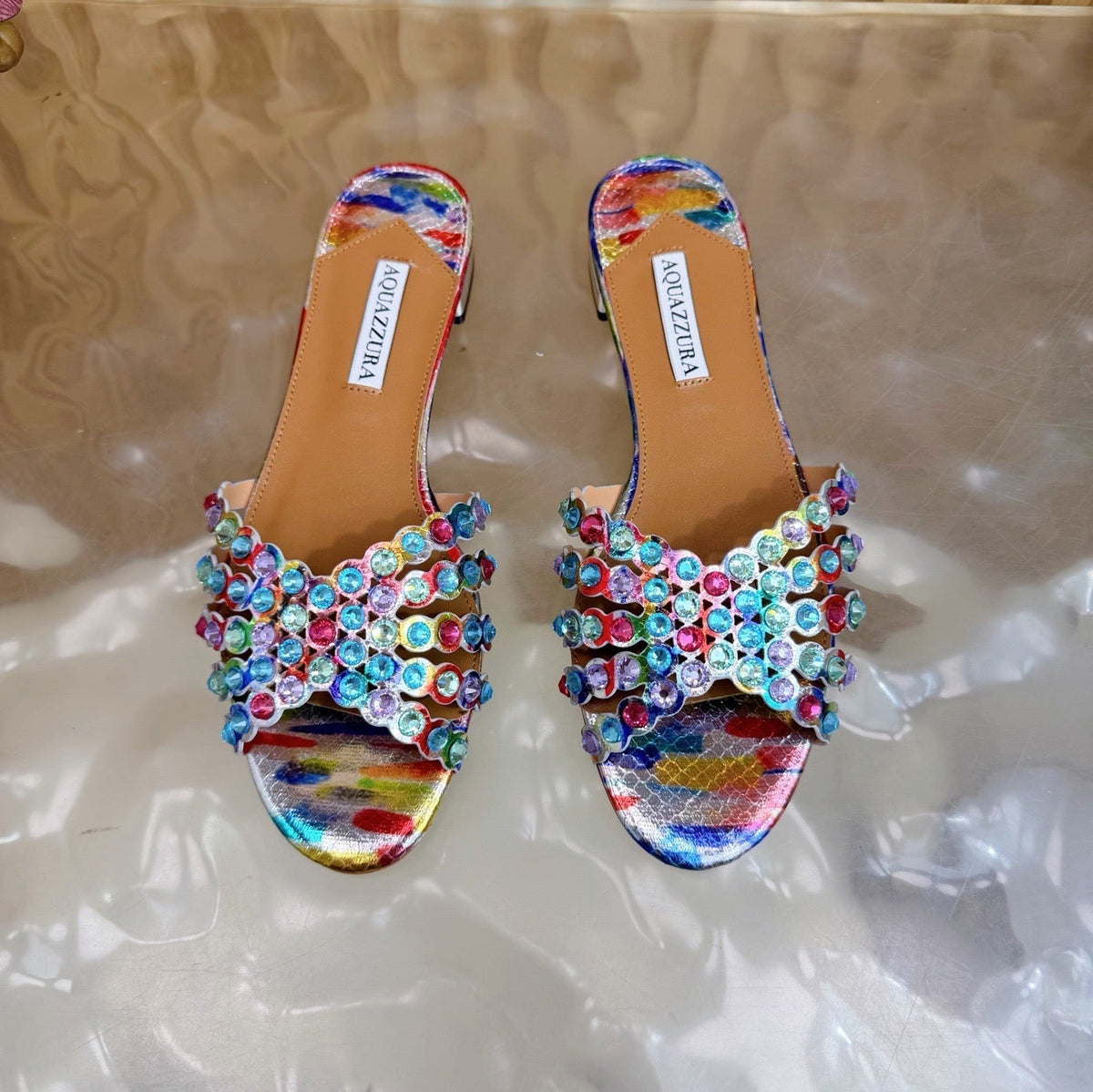Aquazzura 26s Slides Multicolor Snakeskin Embossed Leather 924158