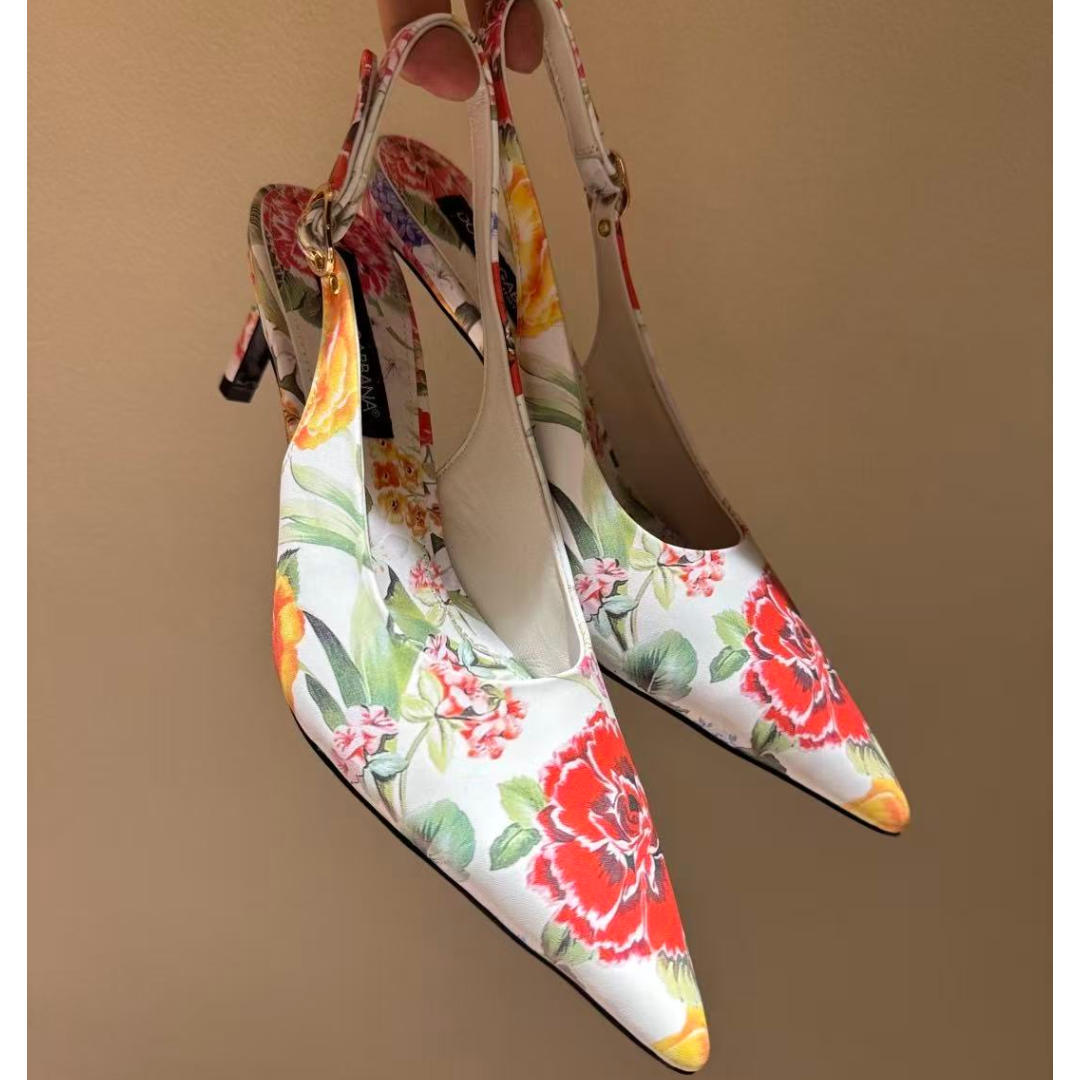 DG Floral-Print Slingback Pumps 7cm White Cotton