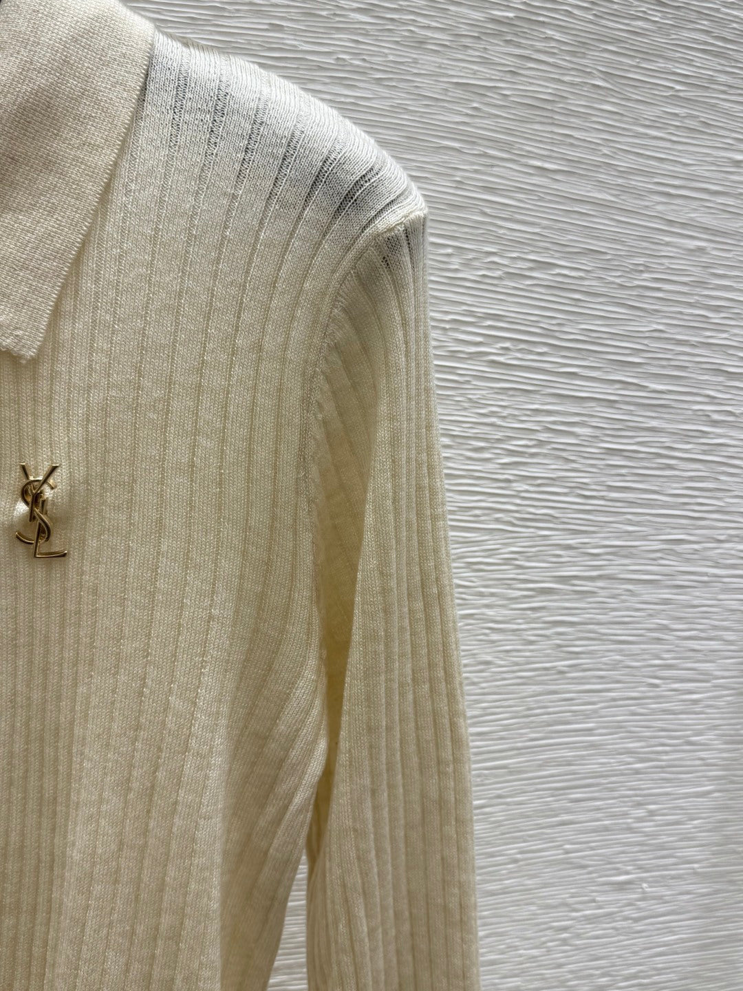 YSL 26FW Ribbed Knit Polo Sweater Gold-Tone YSL Logo Wool 313375