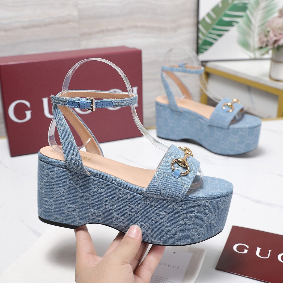Gucci 26s Wedge Sandals 8cm Light Blue GG Denim Gold Hardware