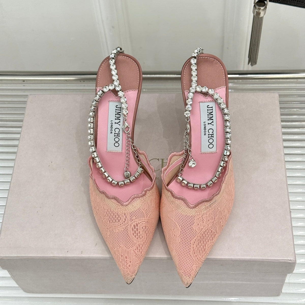 Jimmy Choo 26S Embellished High-Heeled Sandals 8.5cm Ballet Pink Lace 714392