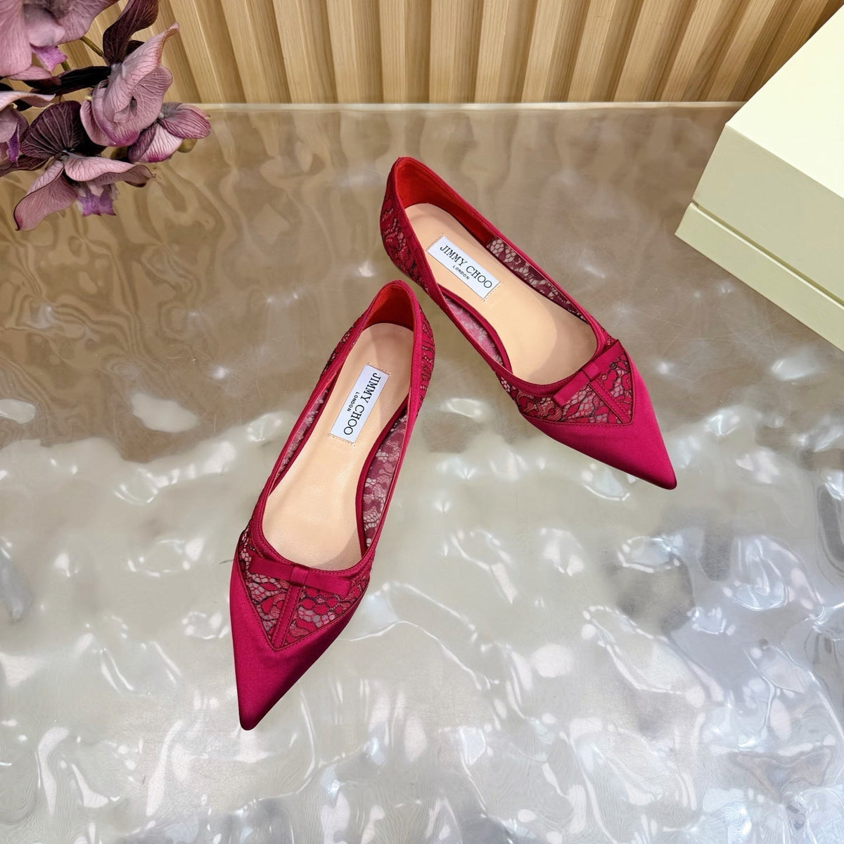 Jimmy Choo 26S Flats Red Lace And Satin 718324