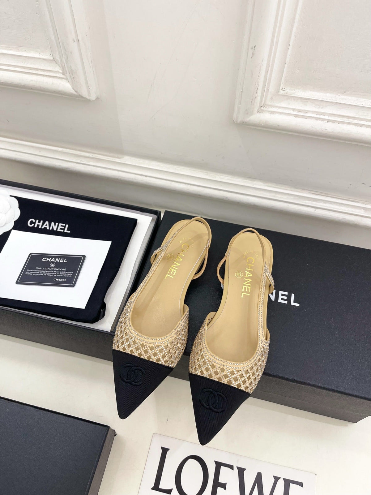 Chanel 26s Flat Pointed Toe Slingback Beige Mesh Black Toe Cap